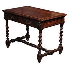 19th Century English Oak Side Table Double Drawers Barley Twist Fox Handles
