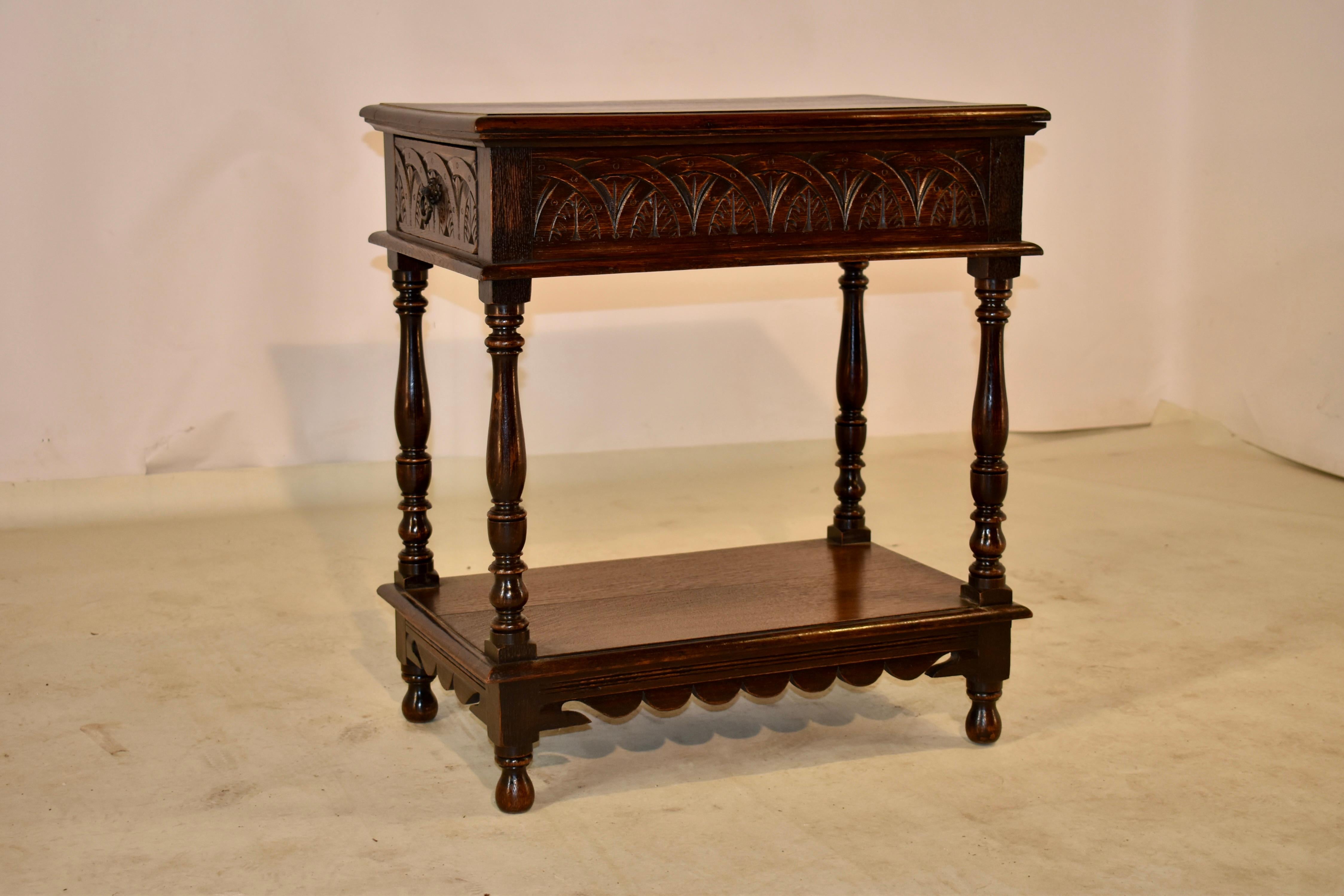 Hand-Carved 19th Century English Oak Side Table with Drawer