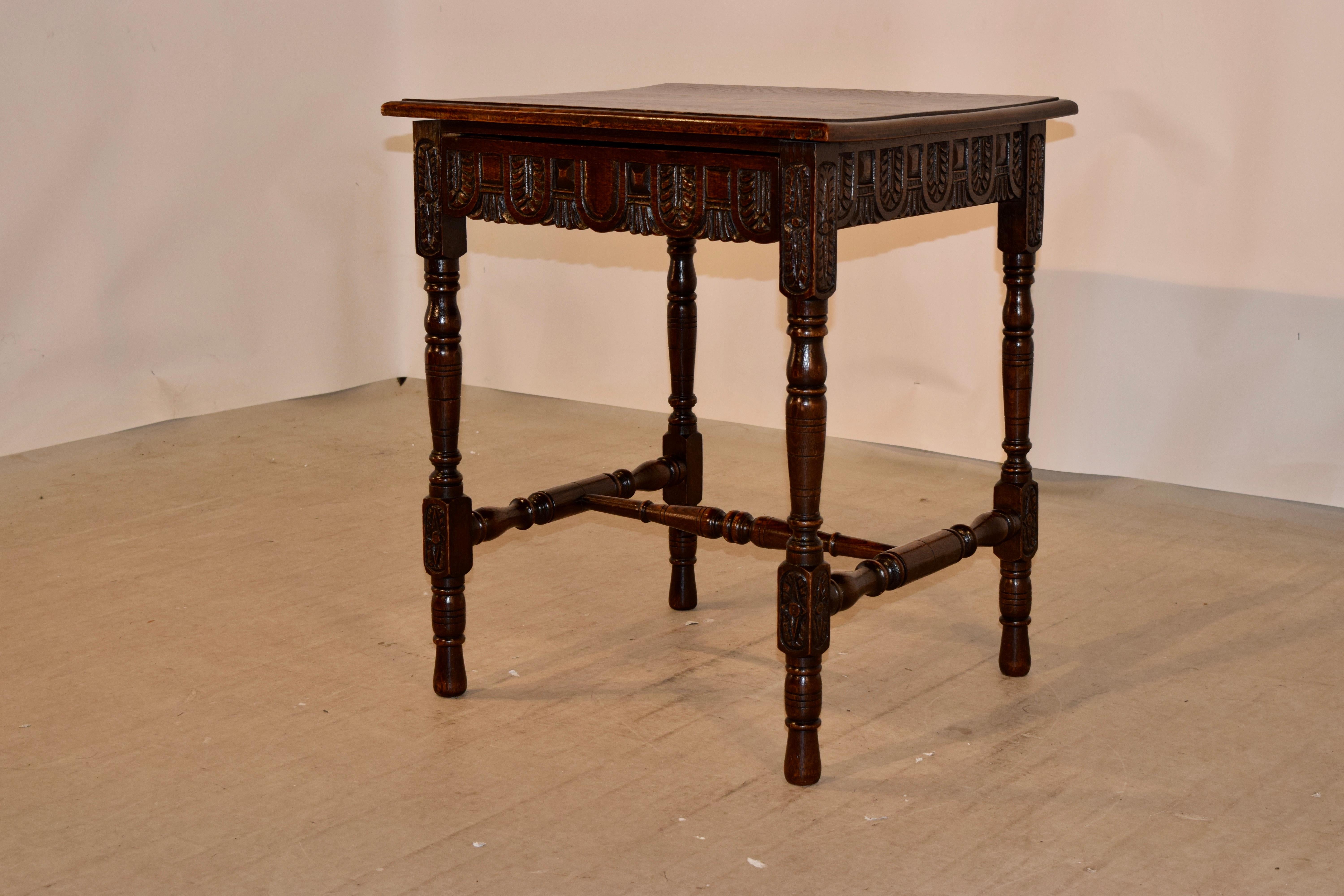 Hand-Carved 19th Century English Oak Side Table with Single-Drawer
