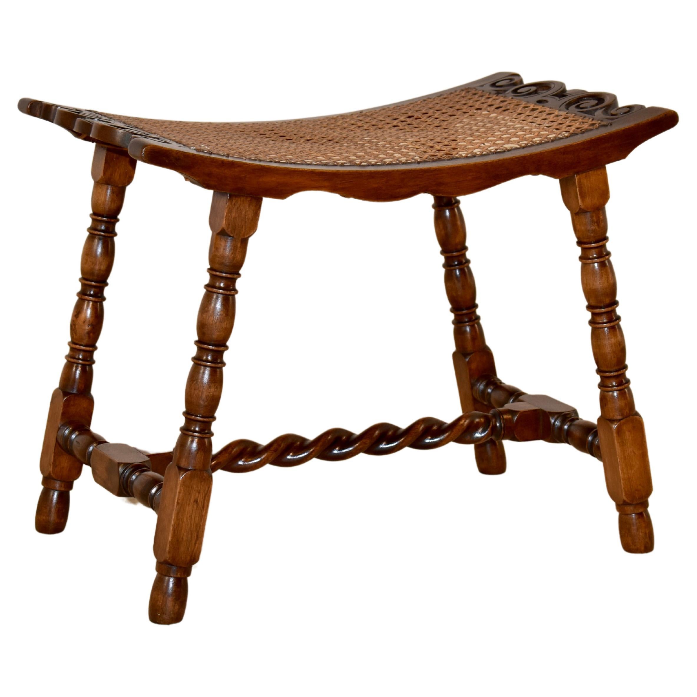 19th Century English Oak Stool with Caned Top