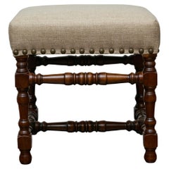 Antique 19th Century English Oak Stool with Custom Linen Upholstery and Turned Legs