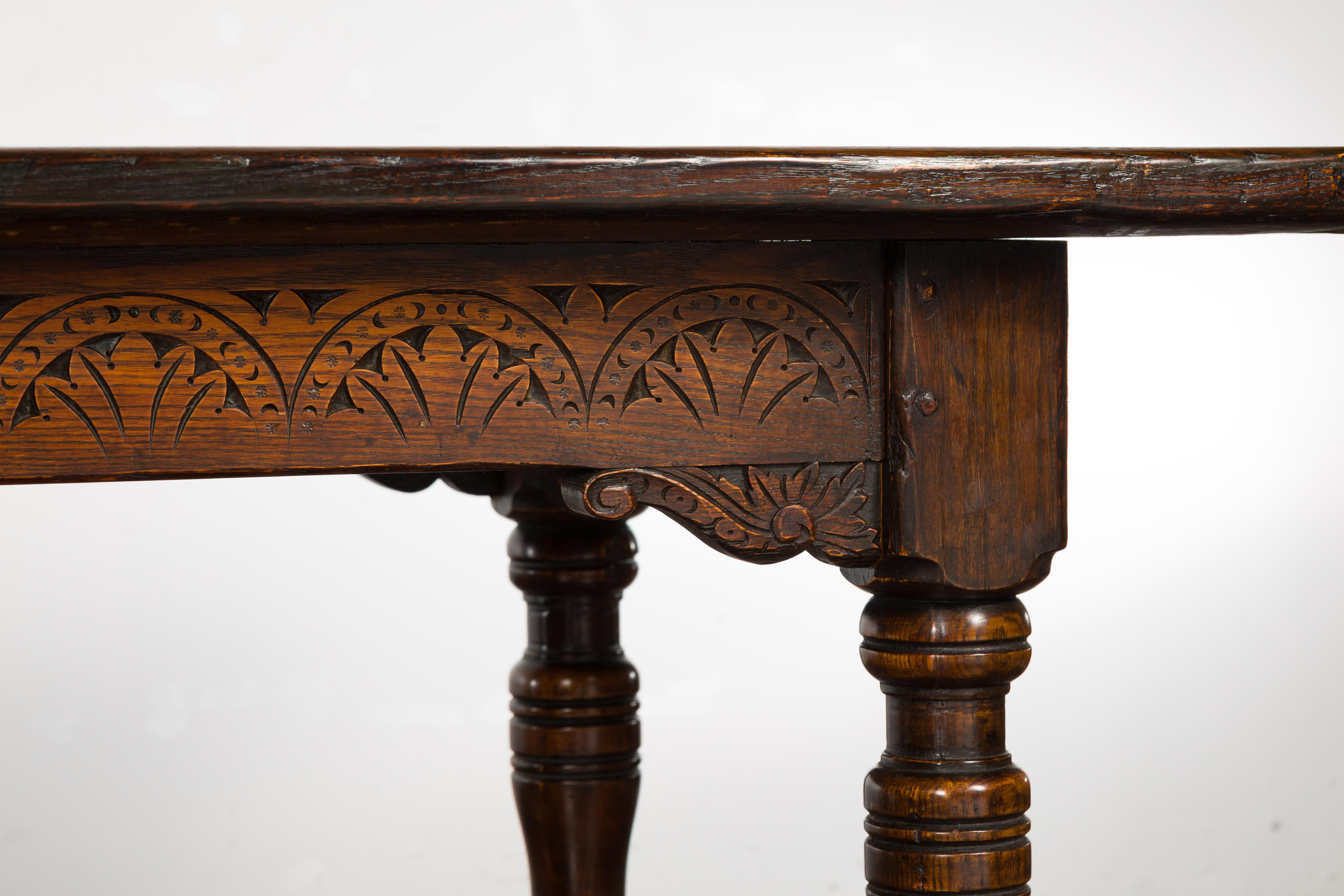 19th Century English Oak Table with Carved Apron and Turned Legs For Sale 7
