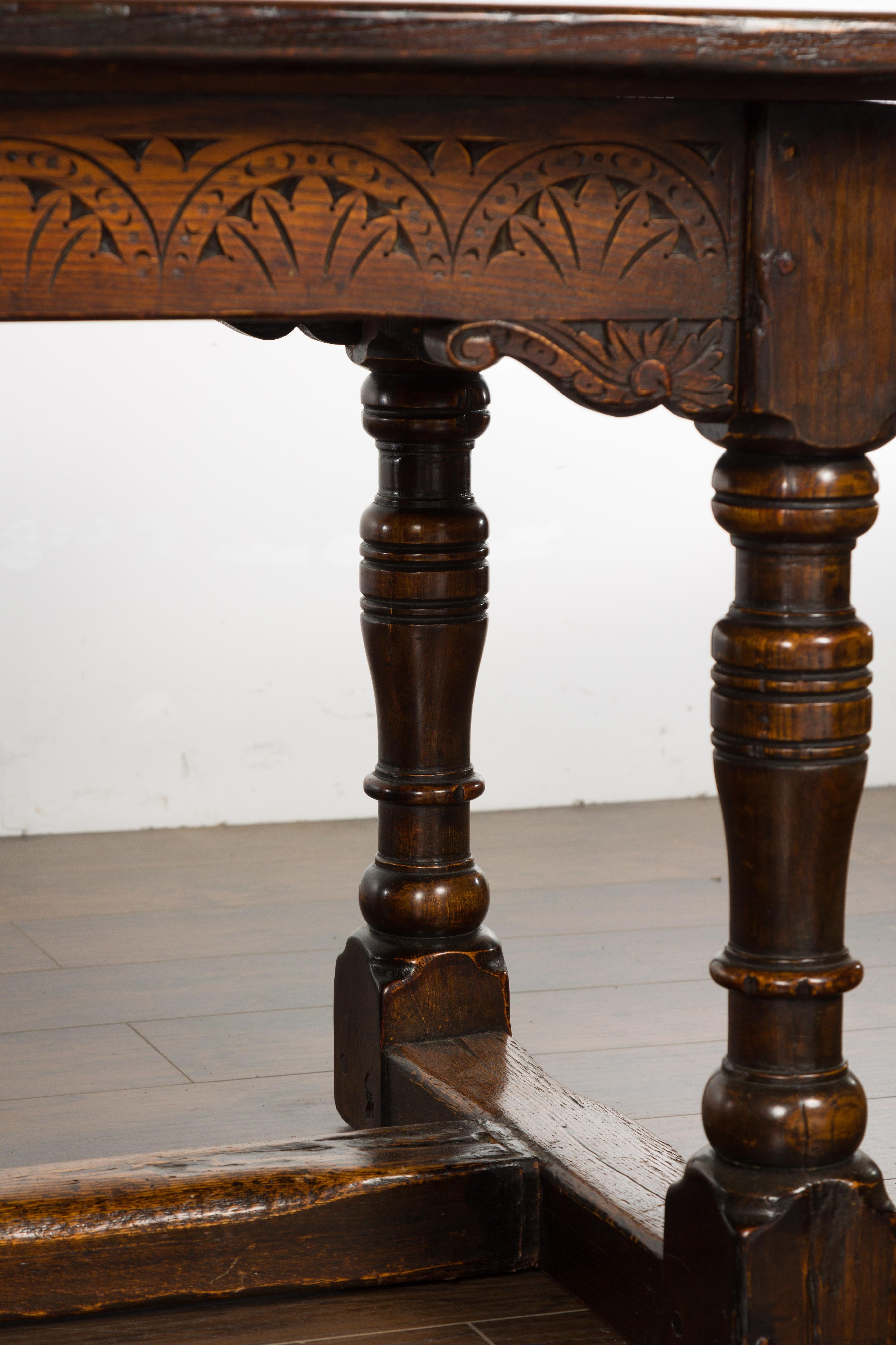 19th Century English Oak Table with Carved Apron and Turned Legs For Sale 8