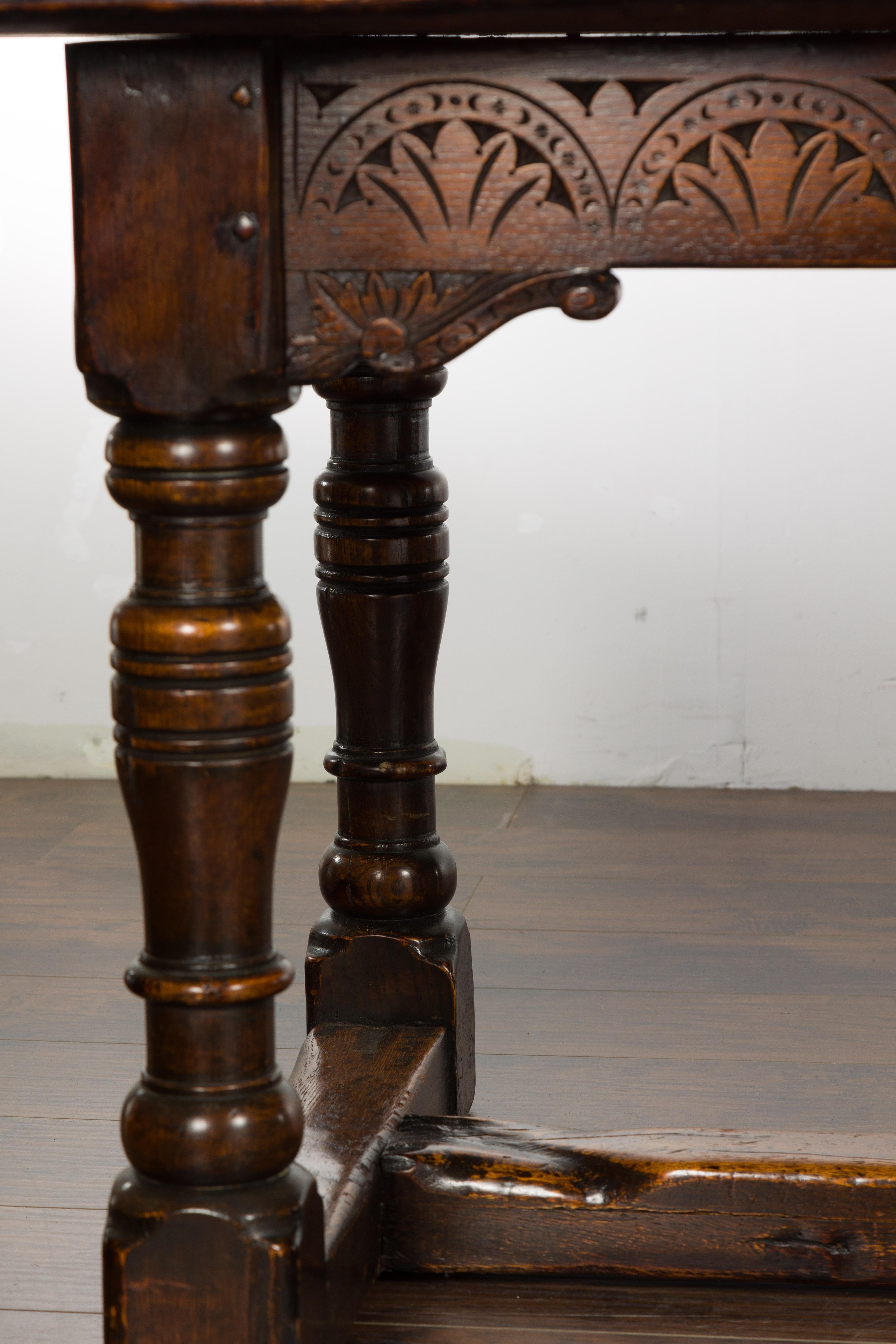 19th Century English Oak Table with Carved Apron and Turned Legs For Sale 9