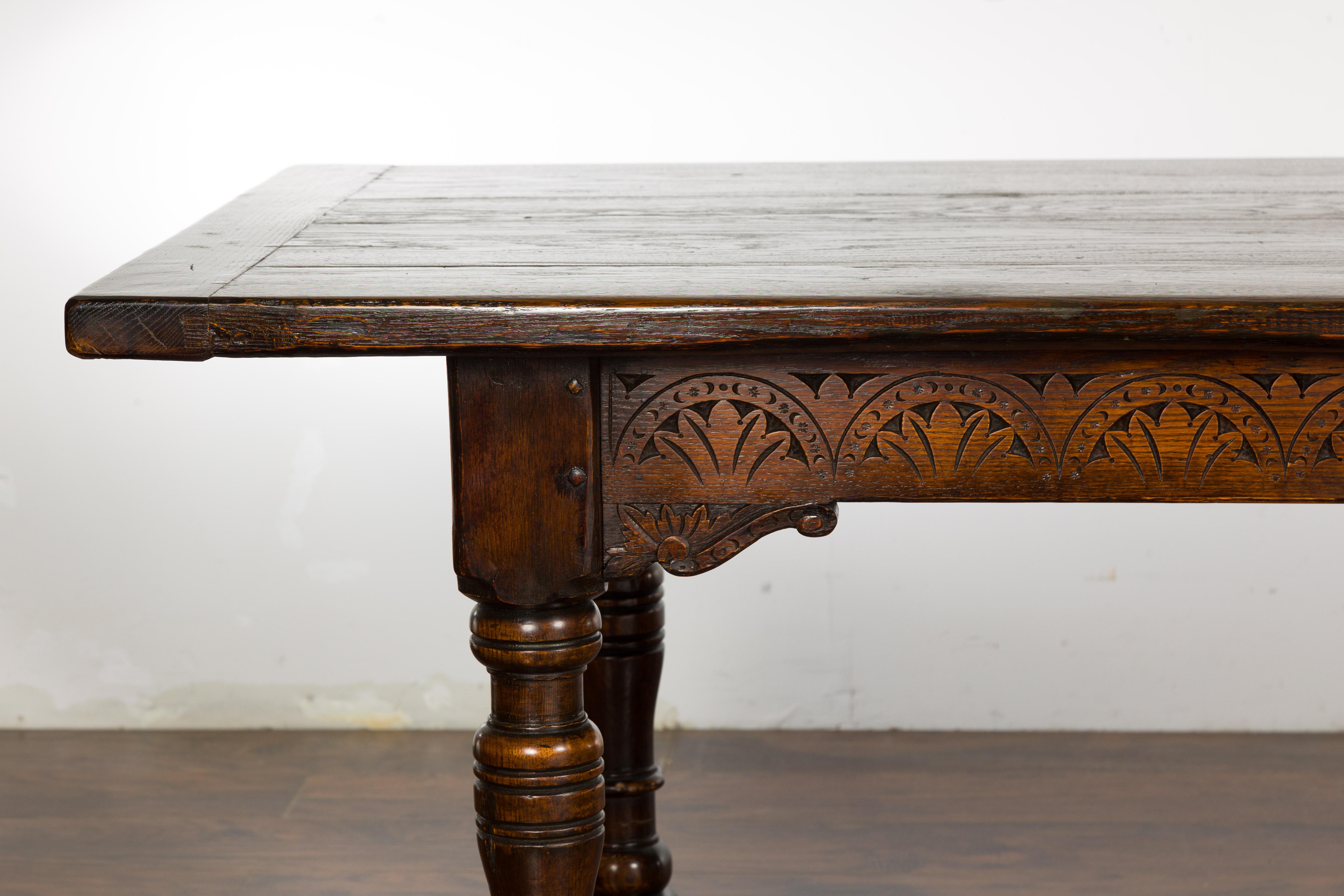 19th Century English Oak Table with Carved Apron and Turned Legs For Sale 1