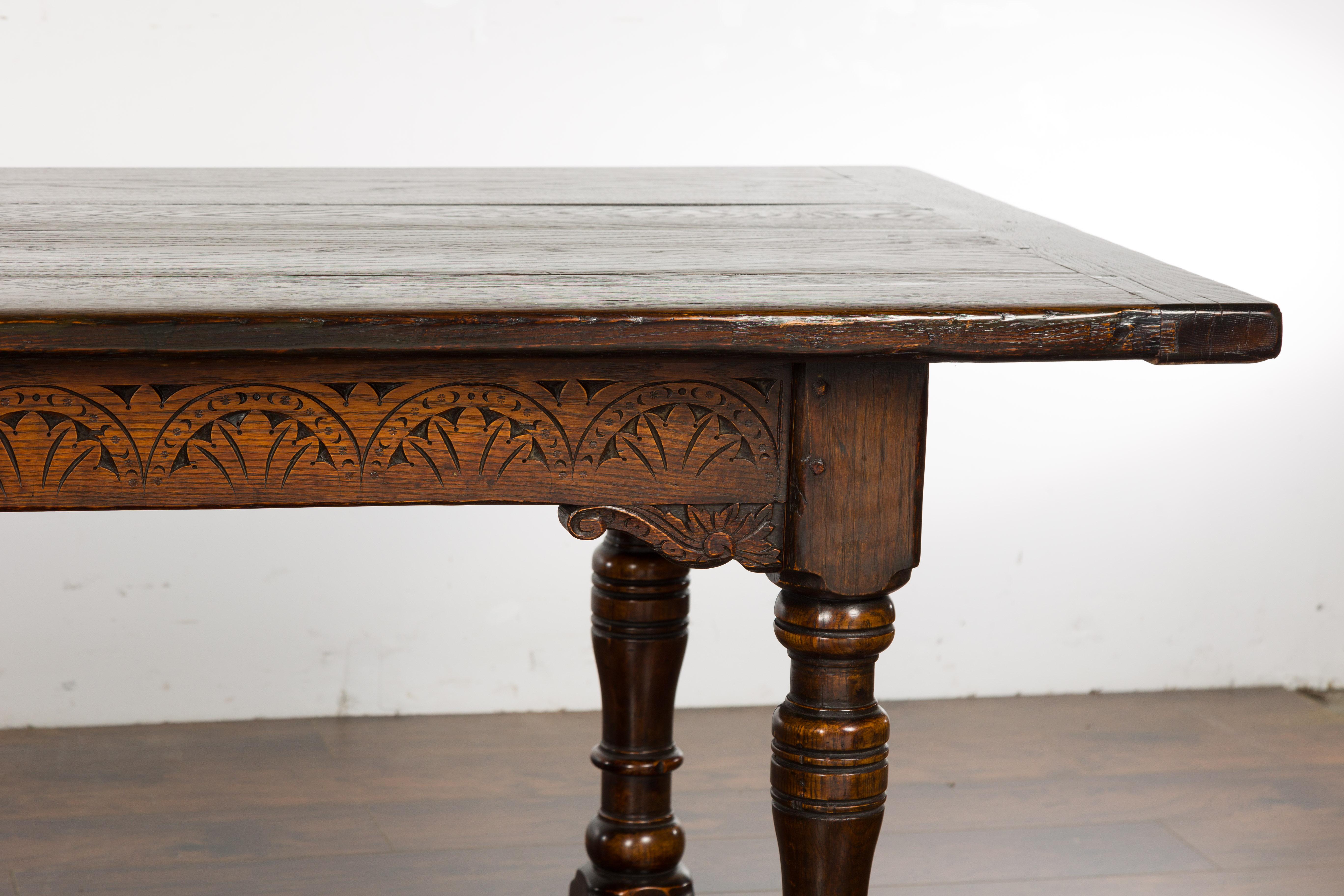 19th Century English Oak Table with Carved Apron and Turned Legs For Sale 2