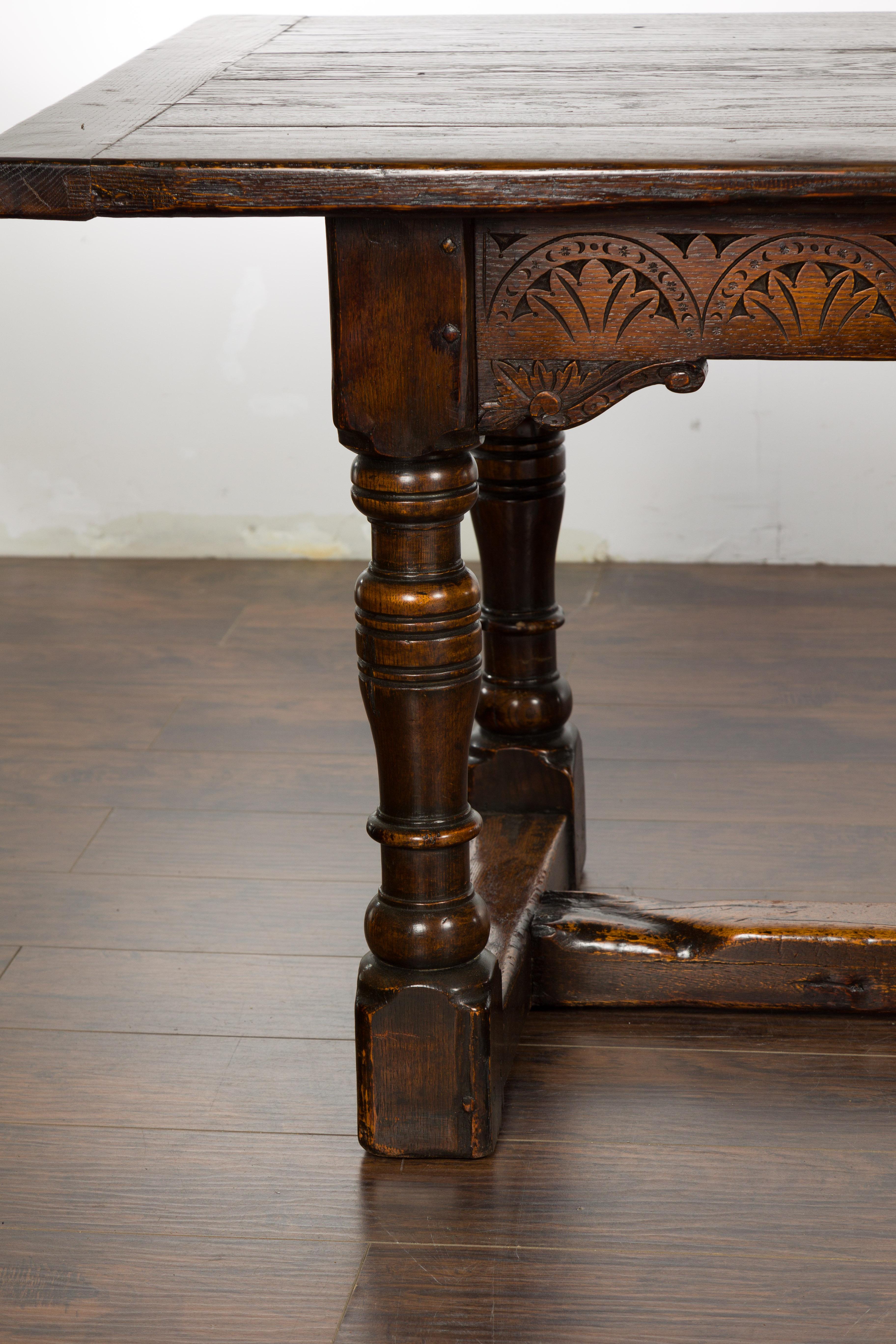 19th Century English Oak Table with Carved Apron and Turned Legs For Sale 3