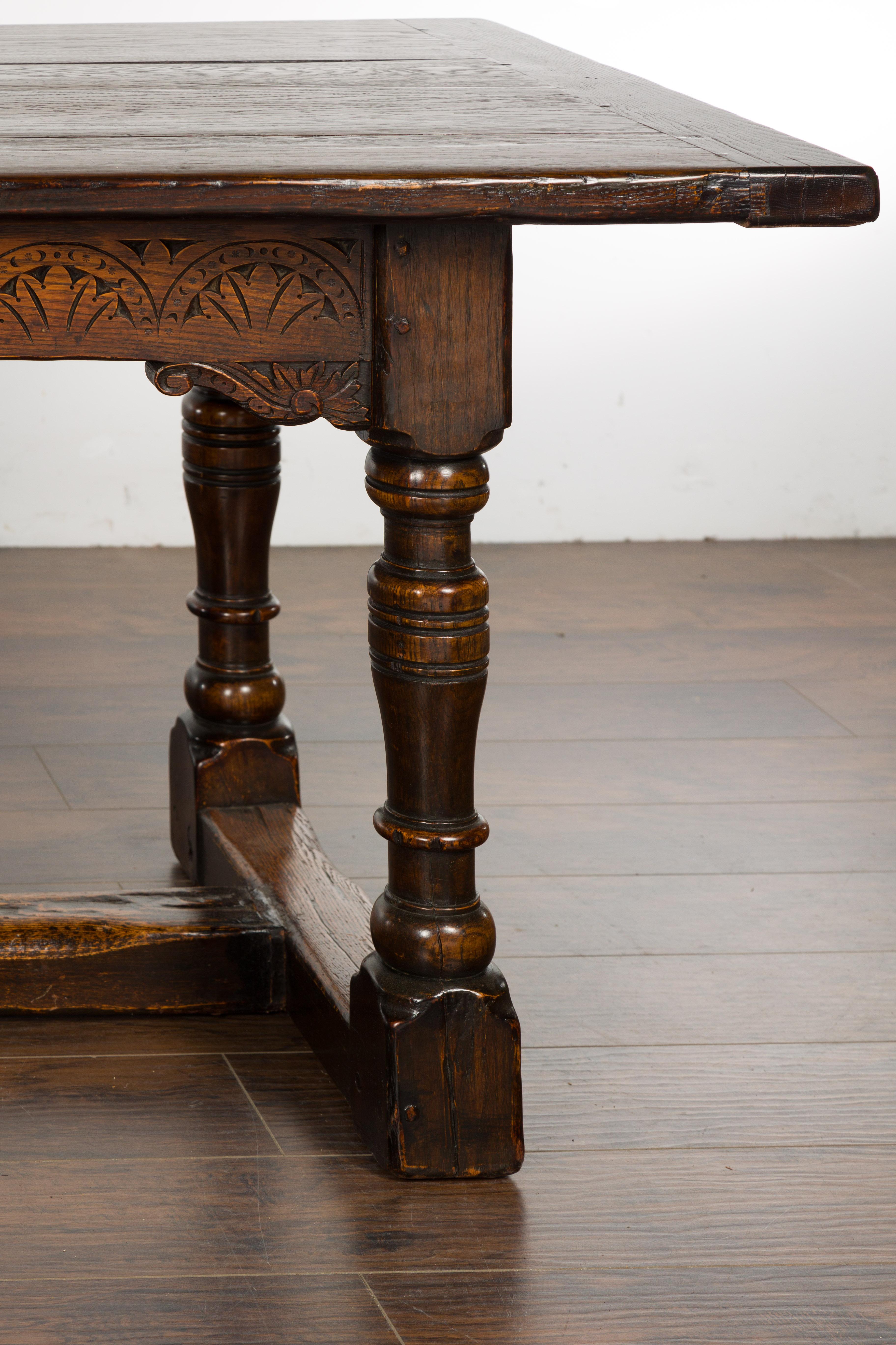 19th Century English Oak Table with Carved Apron and Turned Legs For Sale 4