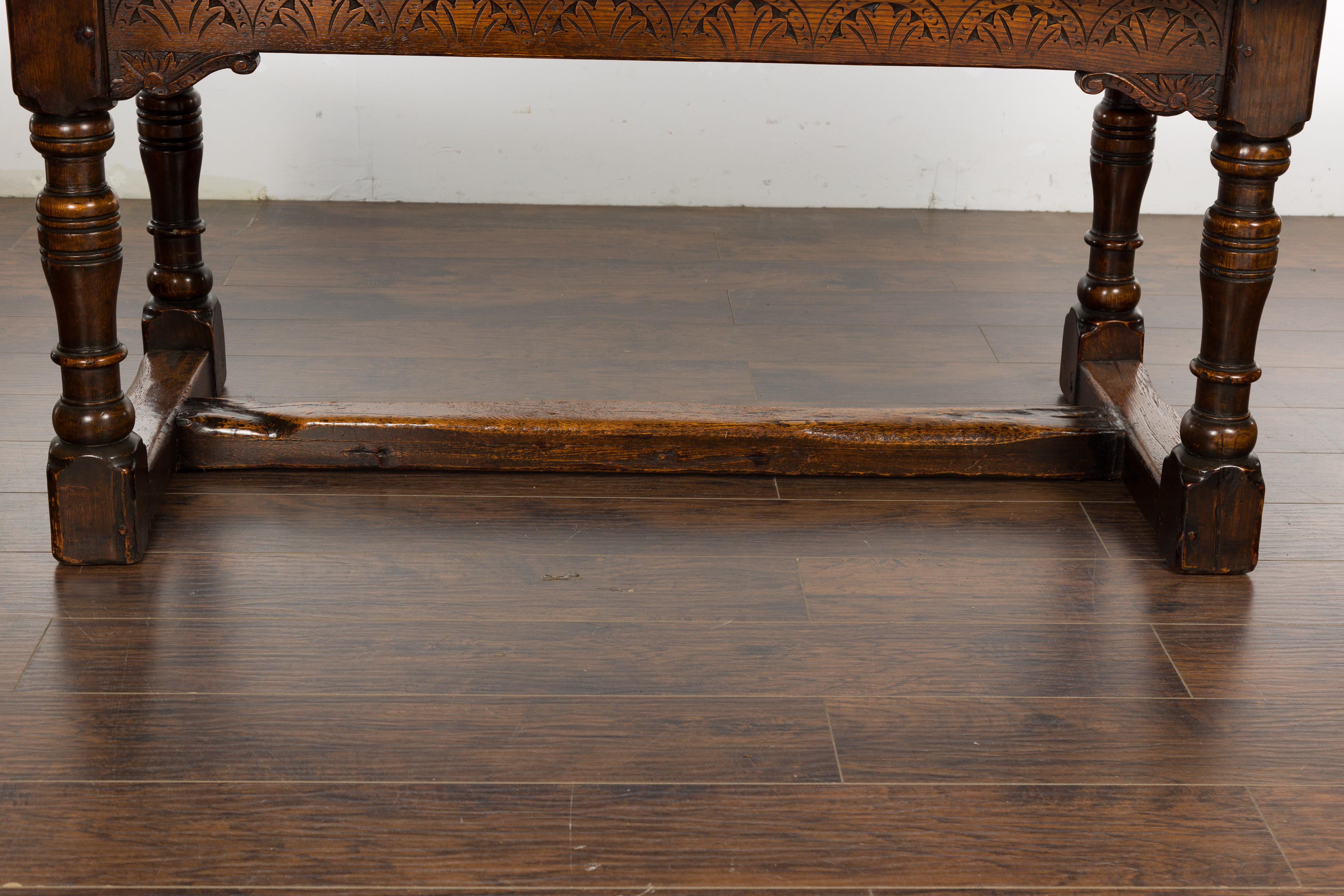 19th Century English Oak Table with Carved Apron and Turned Legs For Sale 5