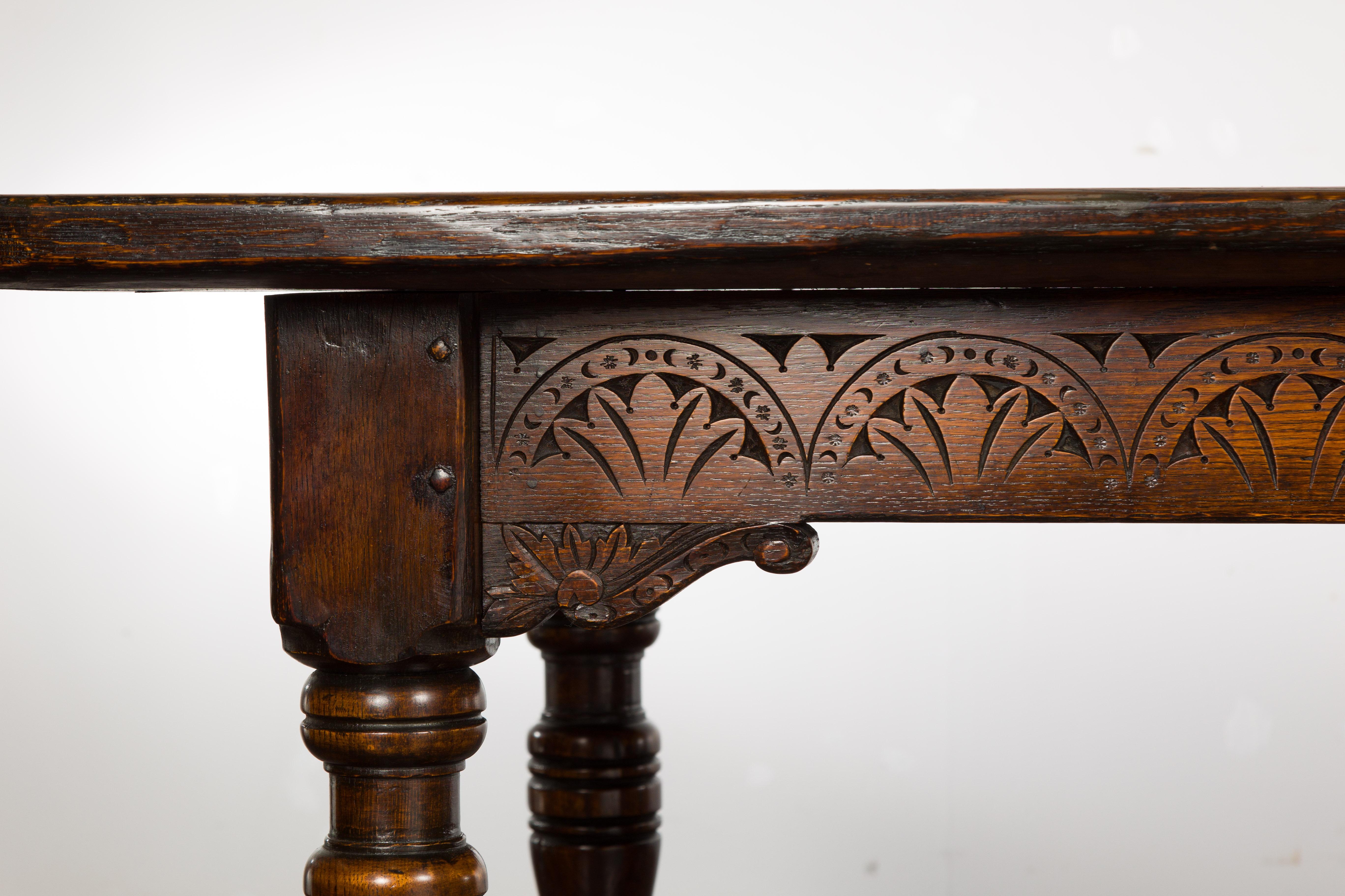 19th Century English Oak Table with Carved Apron and Turned Legs For Sale 6
