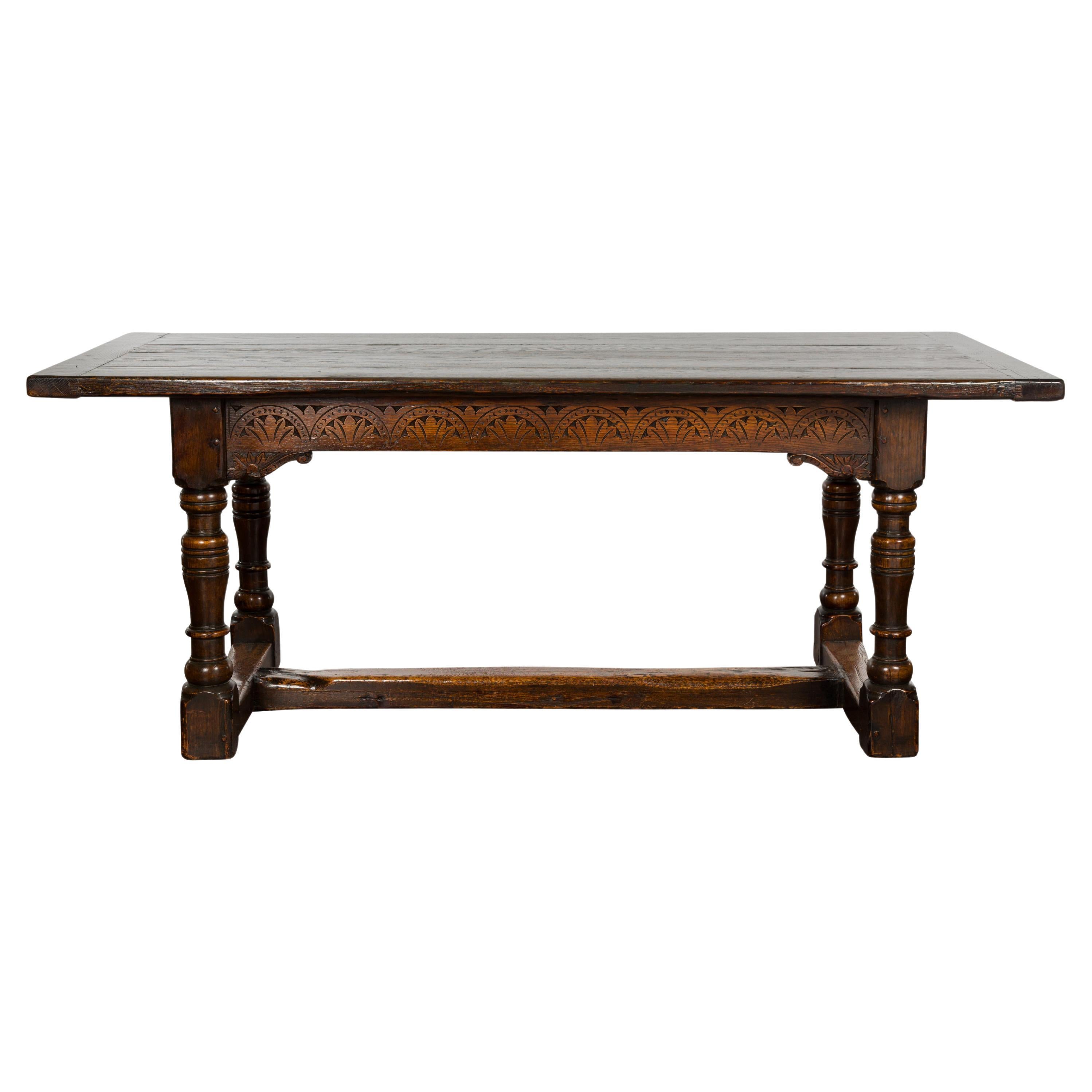 19th Century English Oak Table with Carved Apron and Turned Legs For Sale