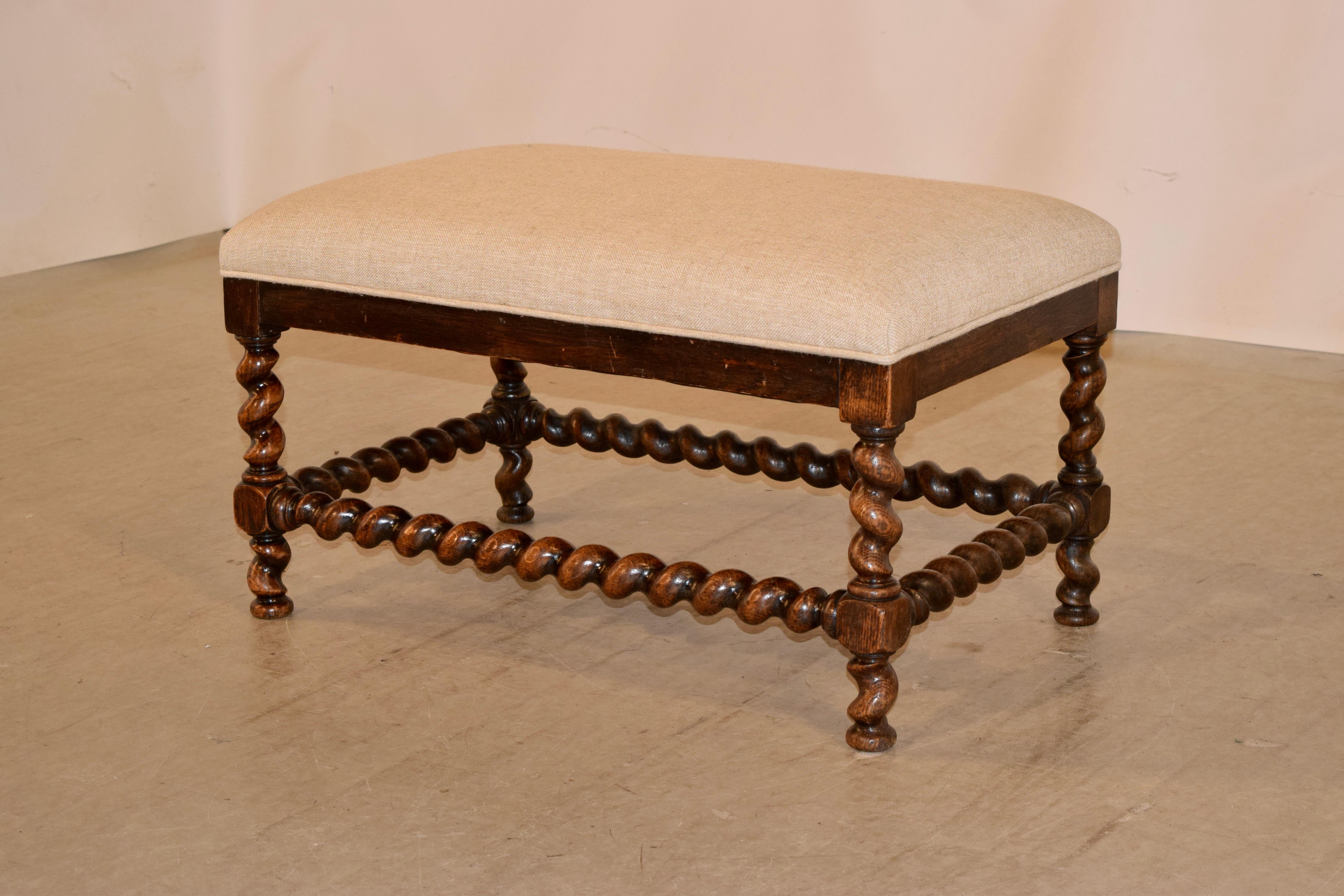 19th Century English Oak Upholstered Bench In Good Condition In High Point, NC