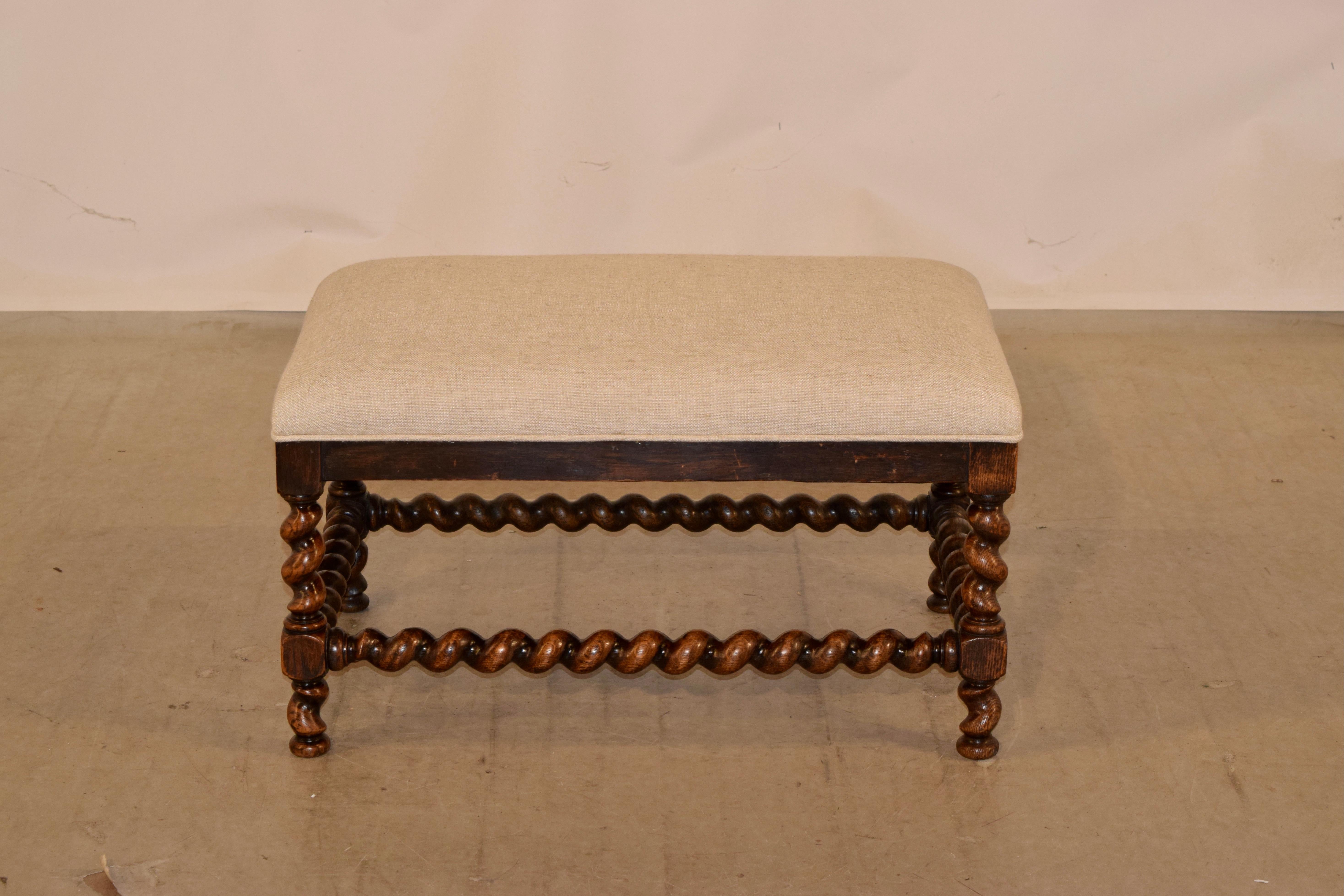 Linen 19th Century English Oak Upholstered Bench