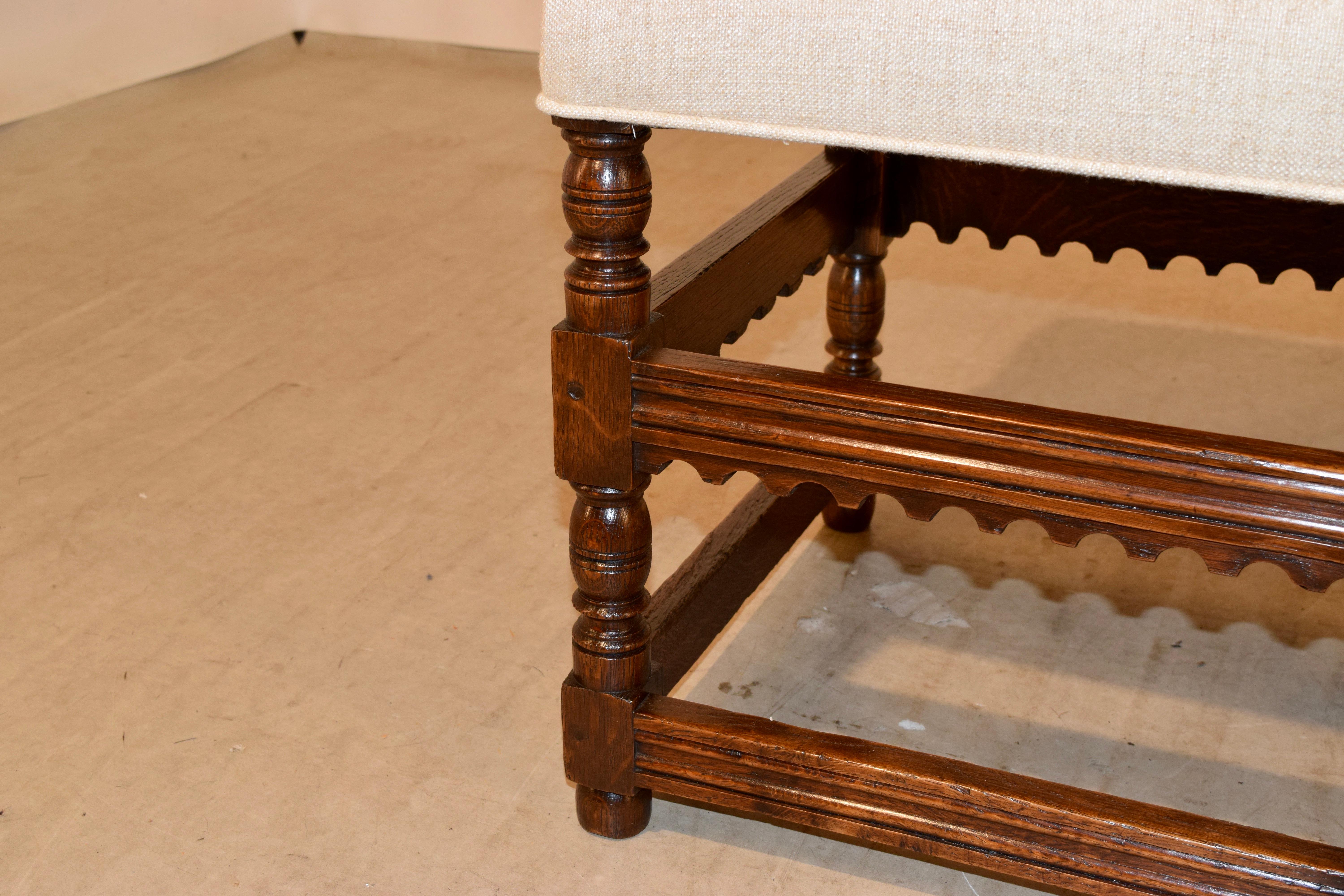Linen 19th Century English Oak Upholstered Bench