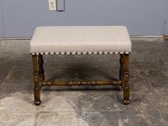 19th Century English Oak Upholstered Bench with Turned Legs and Nailhead Trim