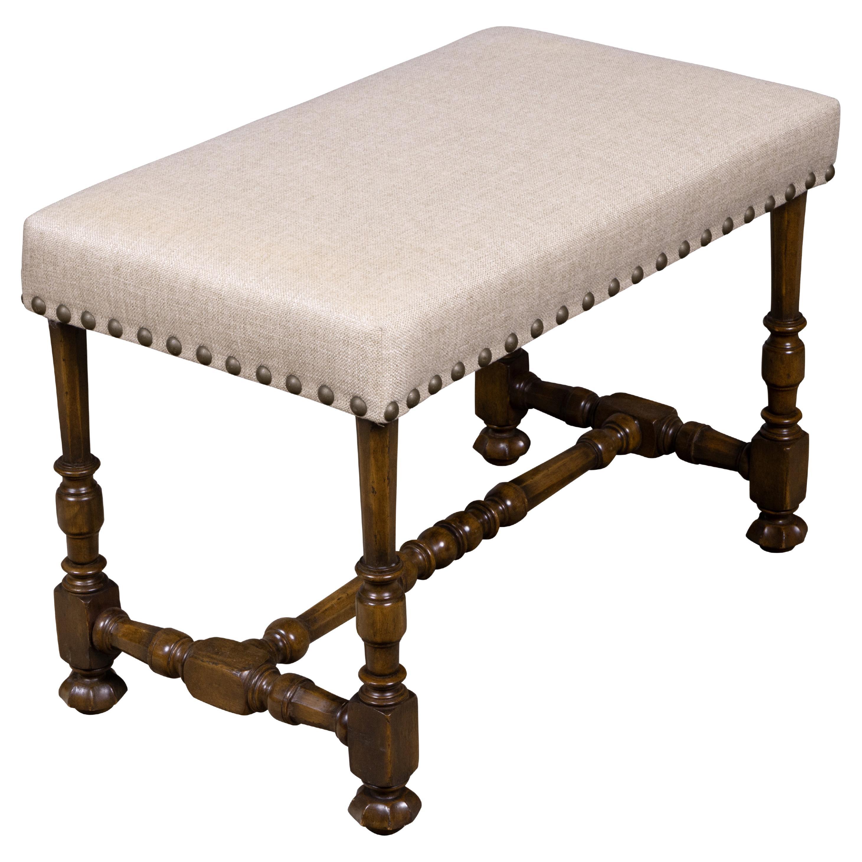 19th Century English Oak Upholstered Bench with Turned Legs and Nailhead Trim