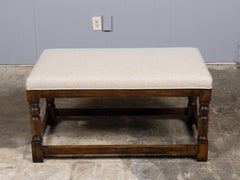 19th Century English Oak Upholstered Bench with Turned Legs and Stretchers