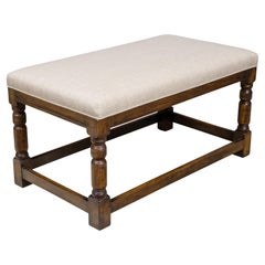 19th Century English Oak Upholstered Bench with Turned Legs and Stretchers