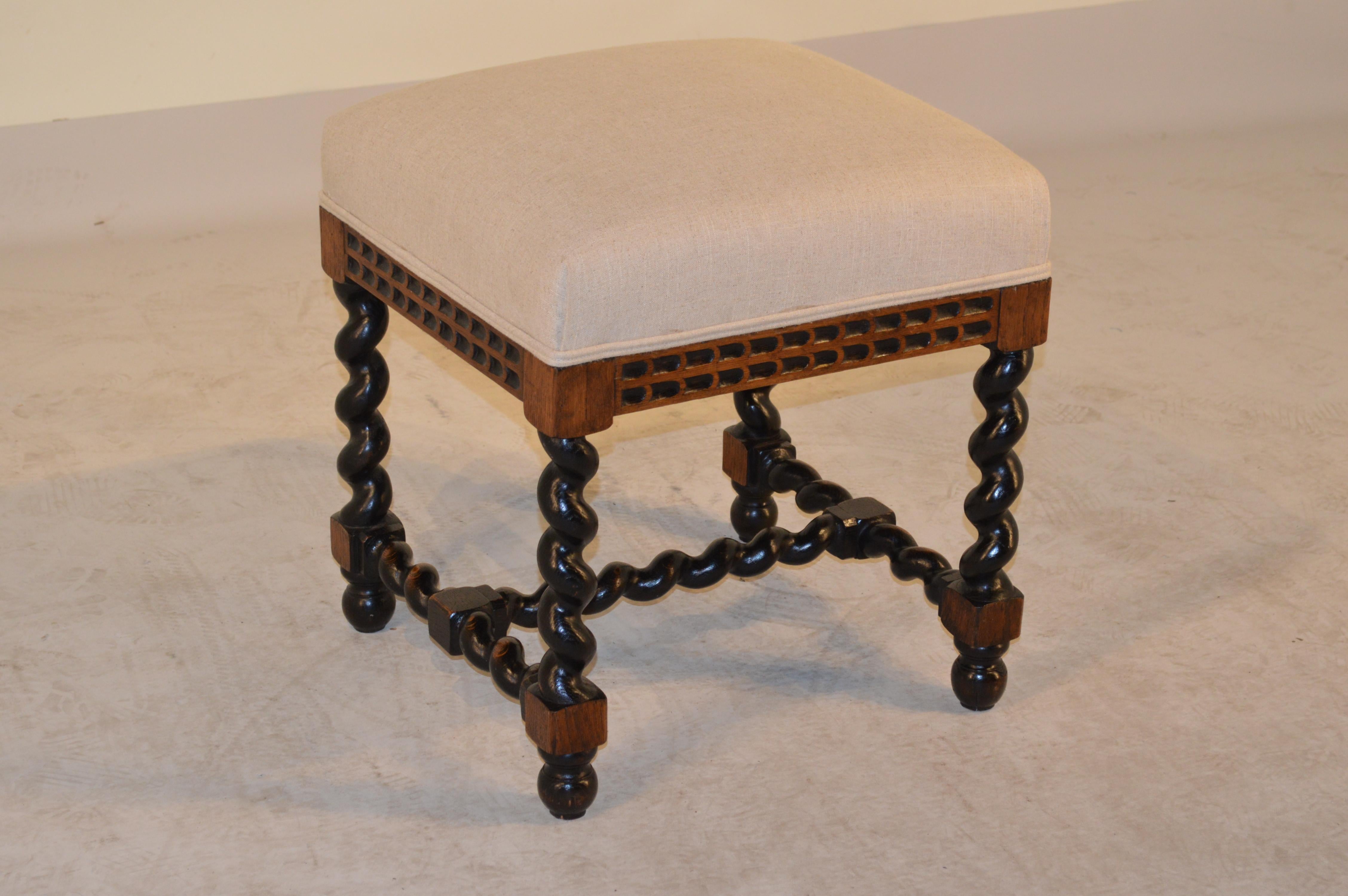 19th Century English Oak Upholstered Stool In Good Condition In High Point, NC