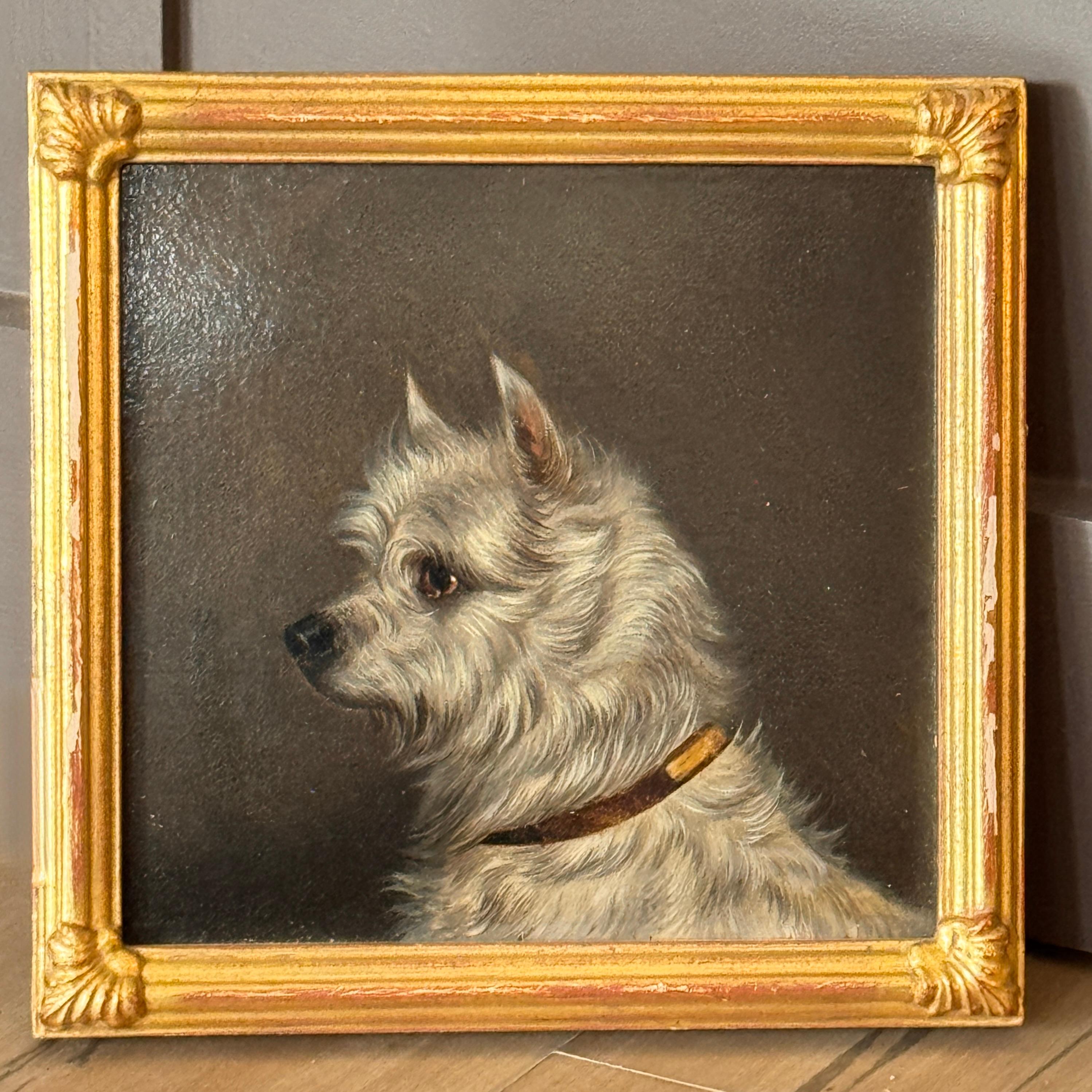 Charming 19th C. English oil on board painting depicting a profile view of a white terrier with expressive detailing and lifelike brushwork. Presented in a later giltwood frame.
