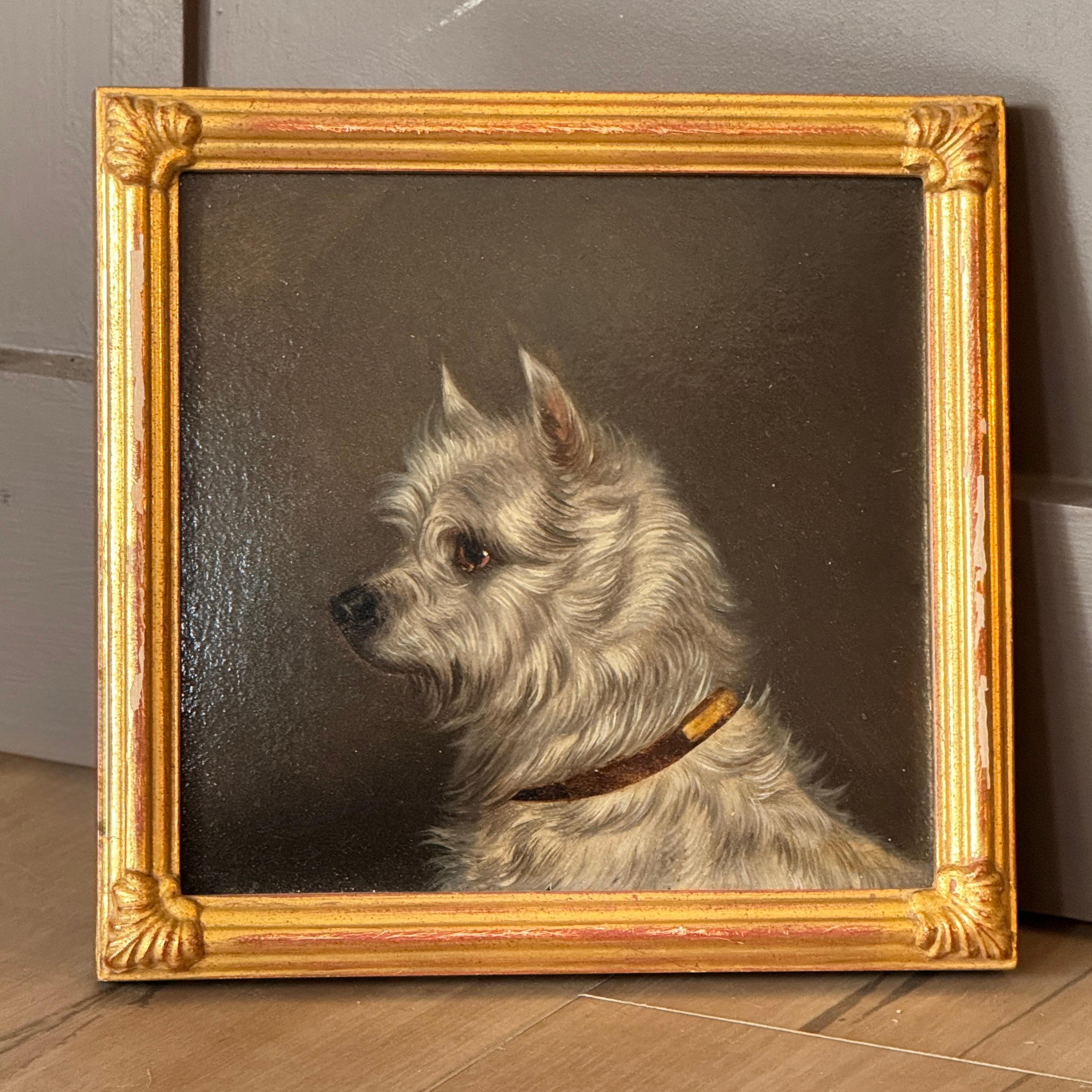 19th Century English Oil on Board Portrait of a White Terrier For Sale 1