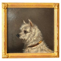 19th Century English Oil on Board Portrait of a White Terrier