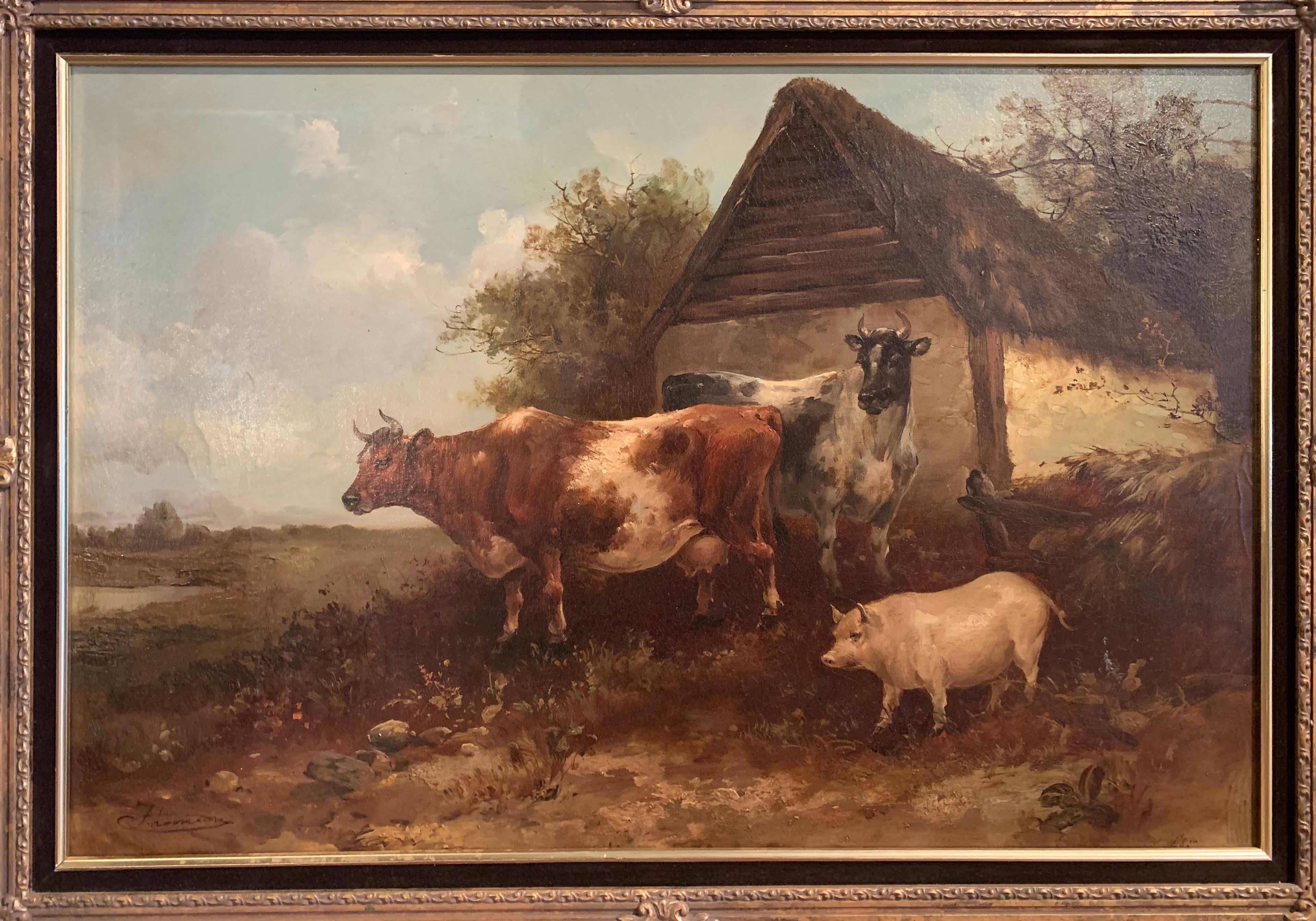 This large antique painting was created in England circa 1890, hand painted on canvas, the artwork depicts a farm scene with two cows and a pig before a barn; wonderful details and great colors. The canvas, signed in the lower left corner (but
