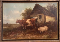 19th Century English Oil on Canvas Cow and Pig Painting in Carved Gilt Frame