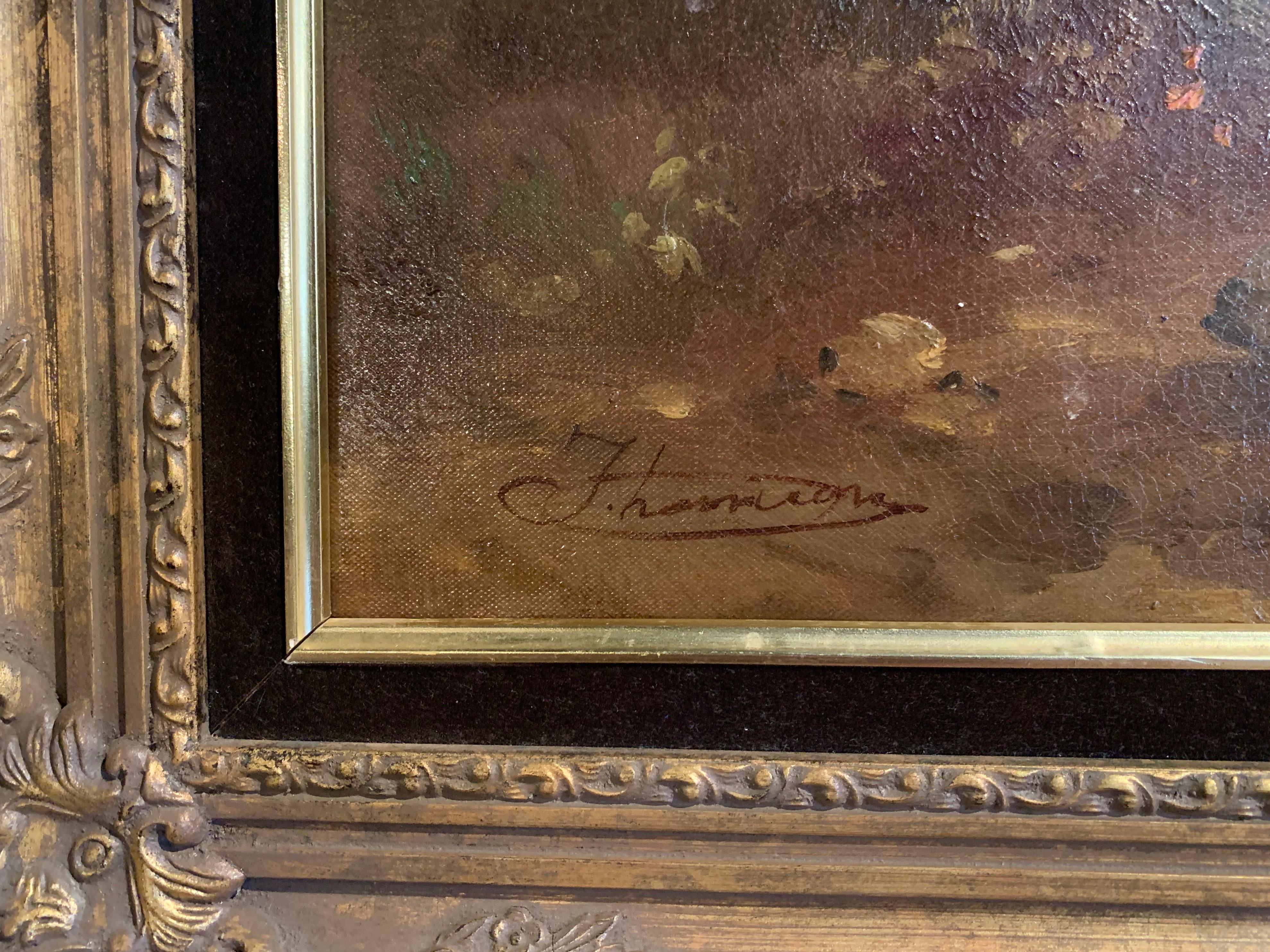 Hand-Carved 19th Century English Oil on Canvas Cow and Pig Painting in Carved Gilt Frame