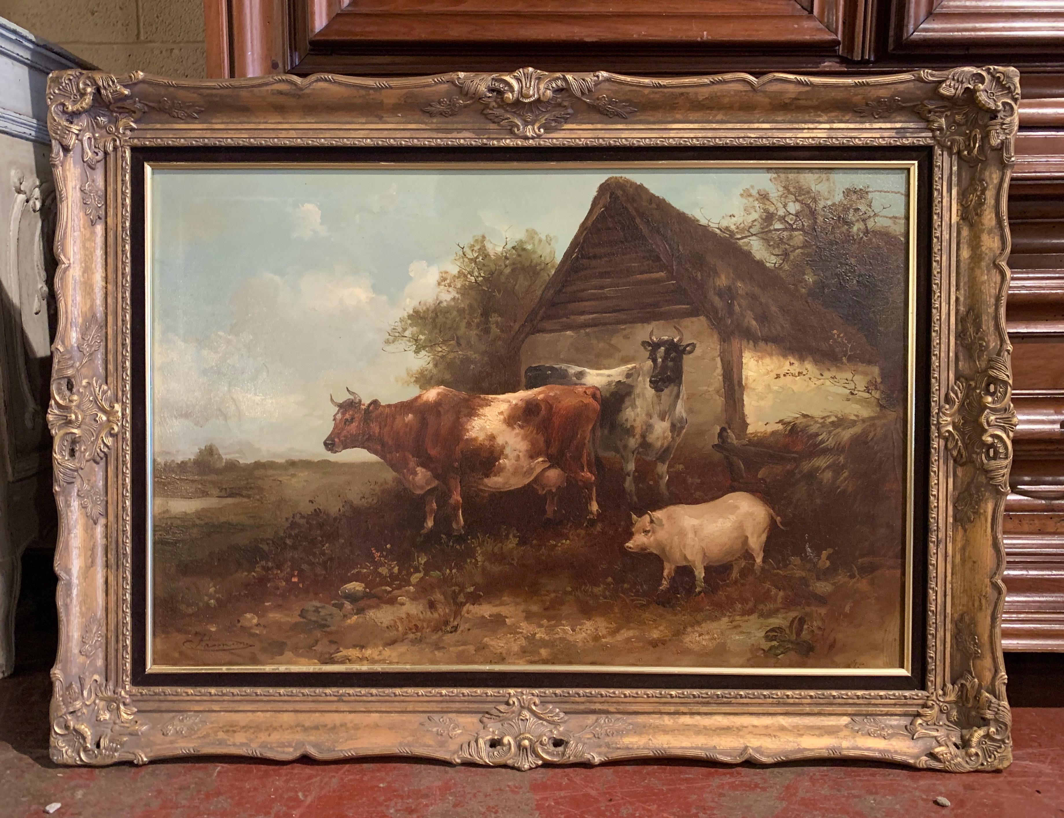 19th Century English Oil on Canvas Cow and Pig Painting in Carved Gilt Frame In Excellent Condition In Dallas, TX