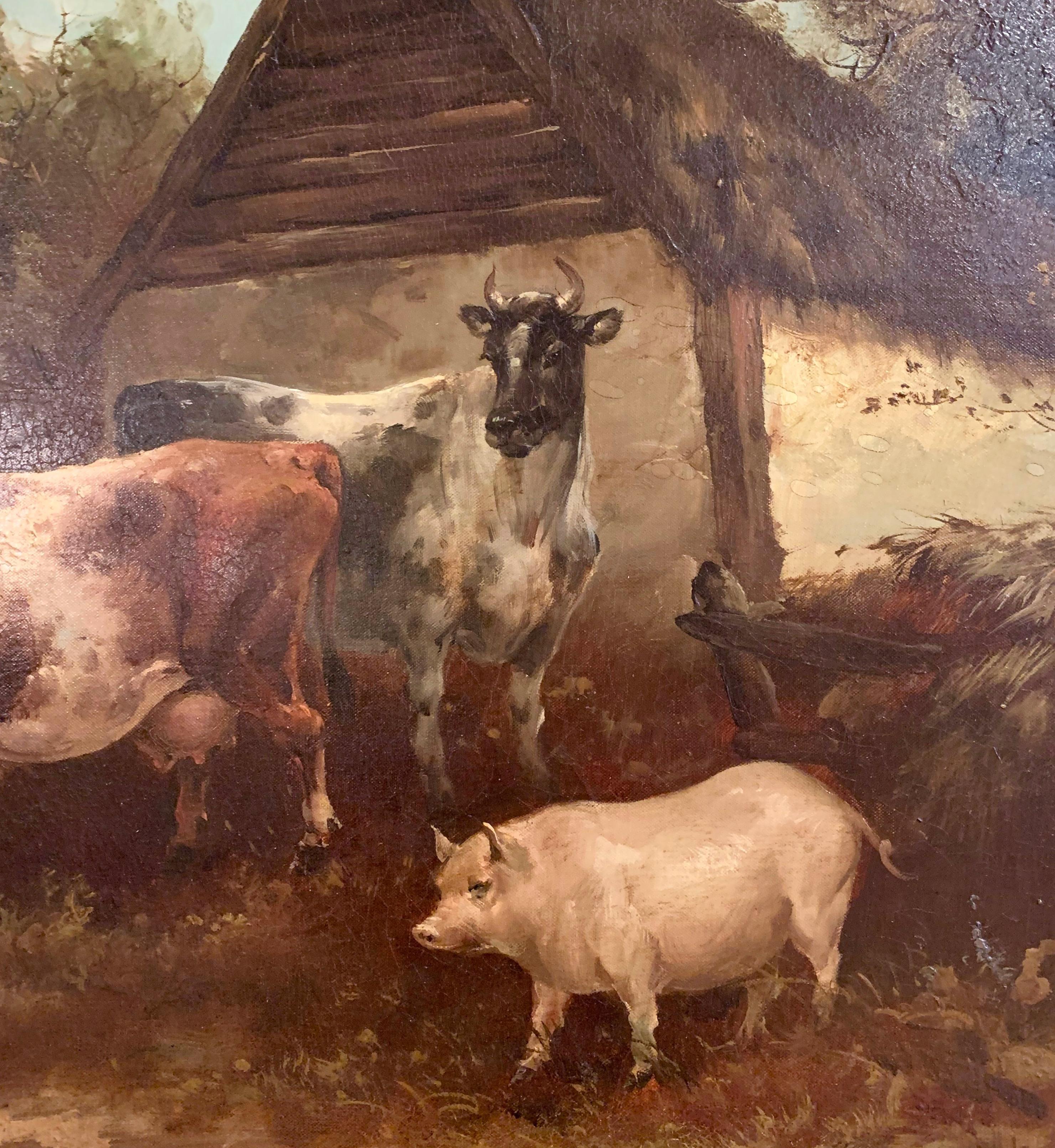 19th Century English Oil on Canvas Cow and Pig Painting in Carved Gilt Frame 1