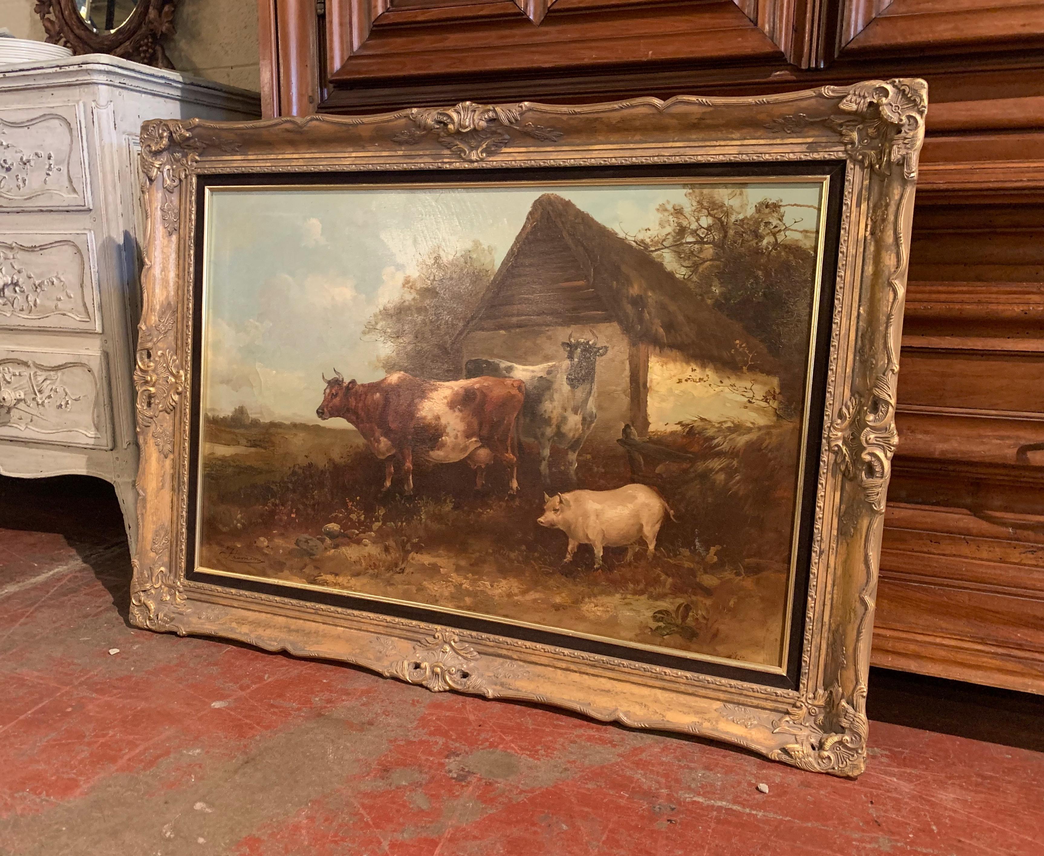 19th Century English Oil on Canvas Cow and Pig Painting in Carved Gilt Frame 2