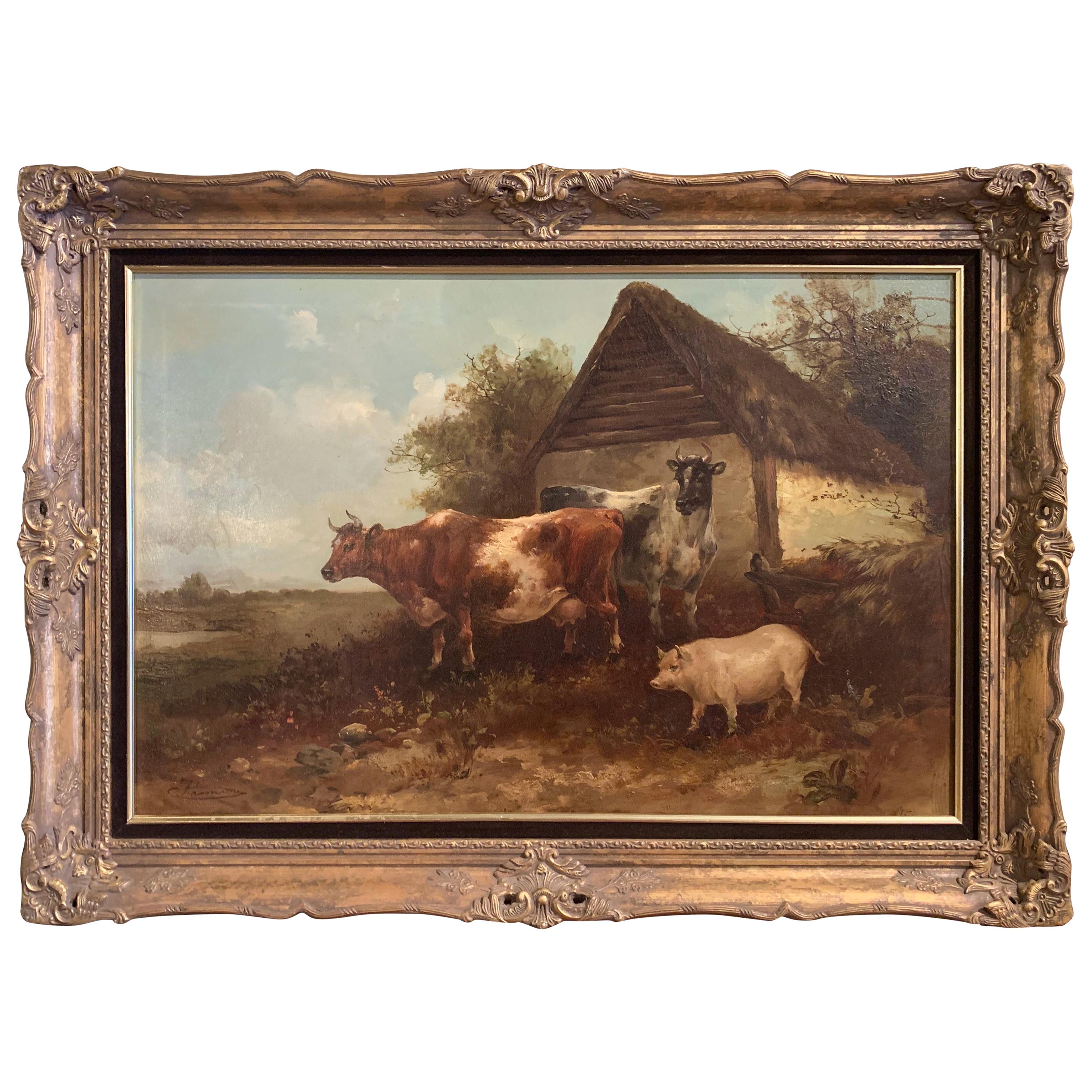 19th Century English Oil on Canvas Cow and Pig Painting in Carved Gilt Frame