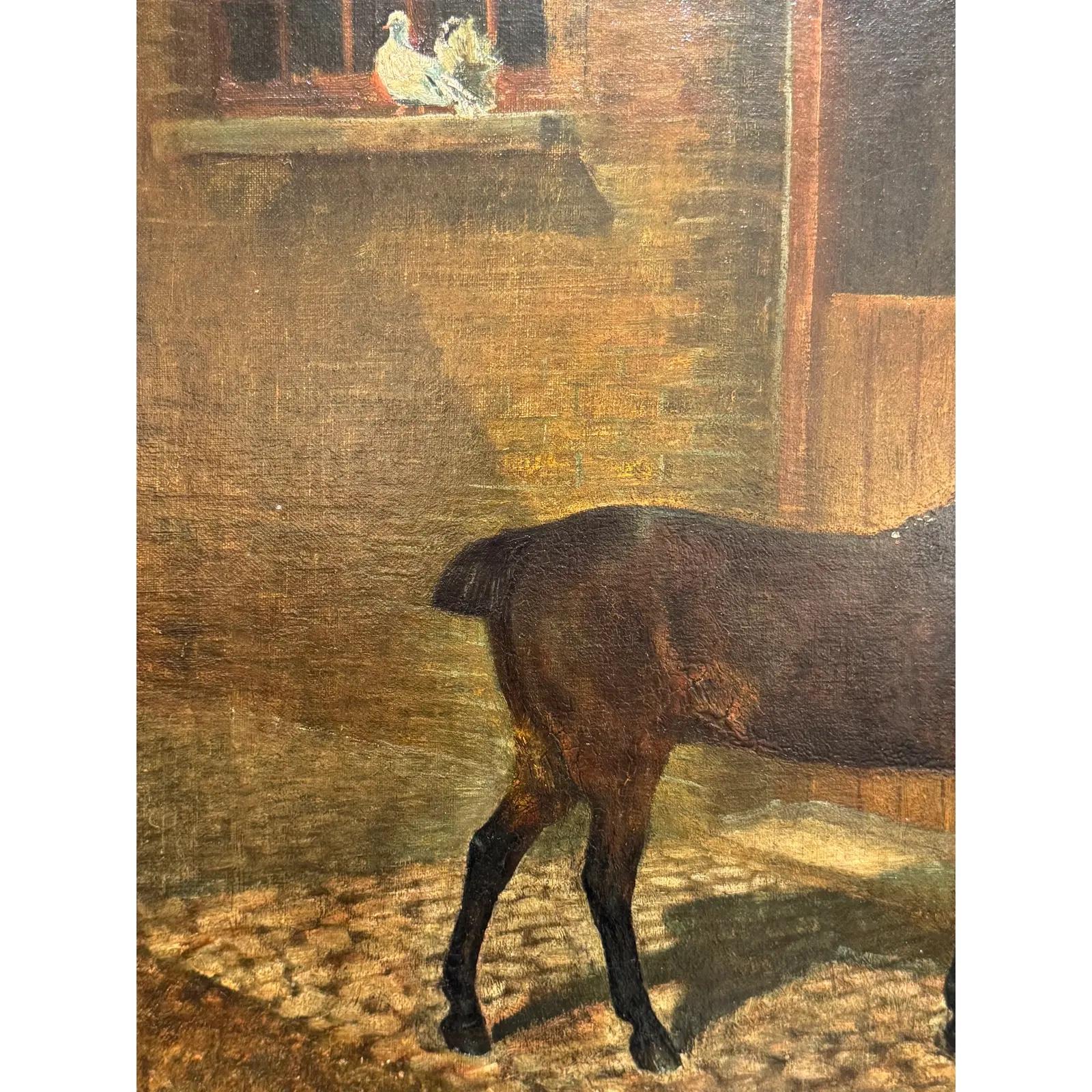 Óleo sobre lienzo inglés del siglo XIX Caballo y establo en Bueno estado para la venta en Nashville, TN
