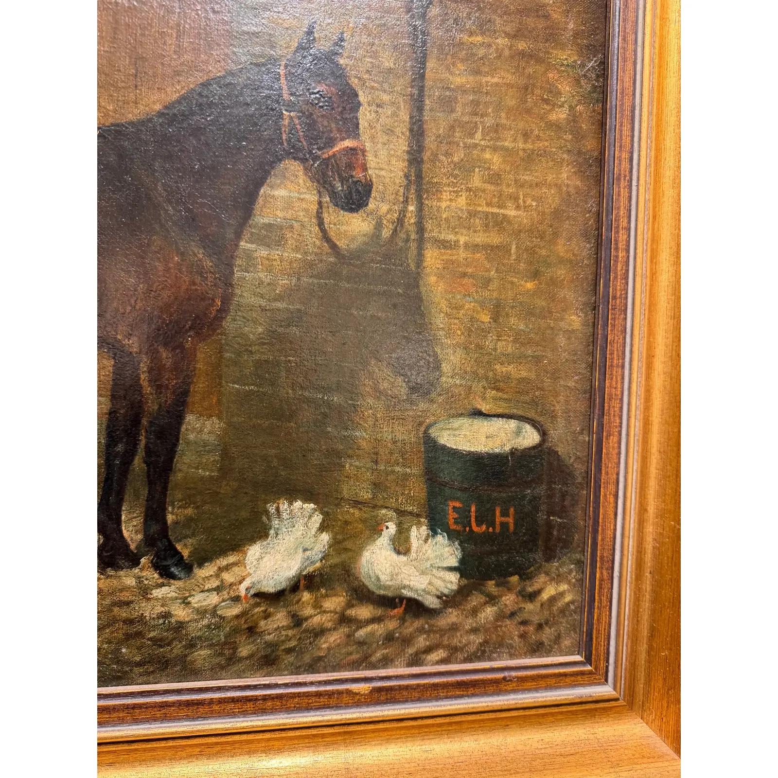 Óleo sobre lienzo inglés del siglo XIX Caballo y establo Lienzo en venta