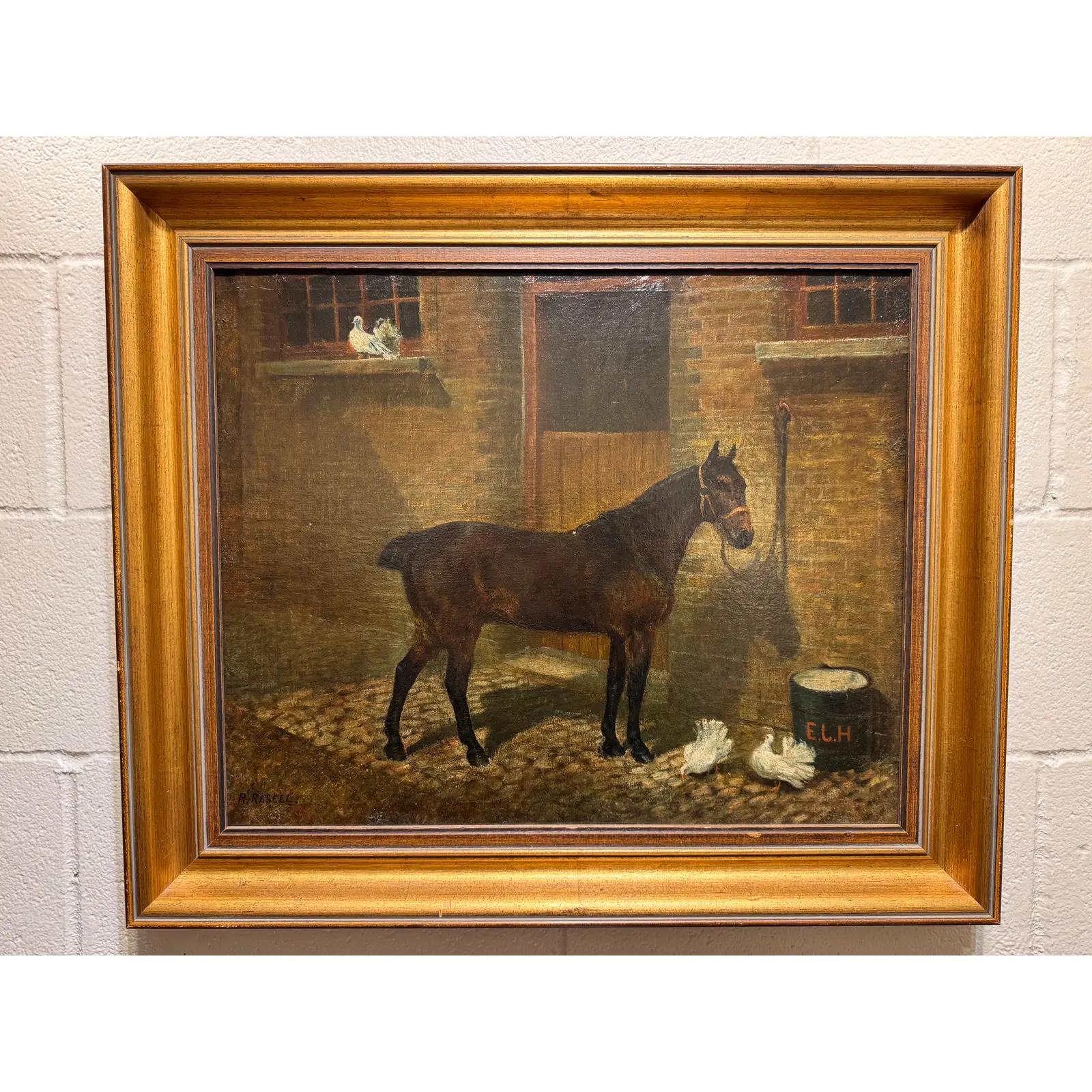 Óleo sobre lienzo inglés del siglo XIX Caballo y establo en venta 1