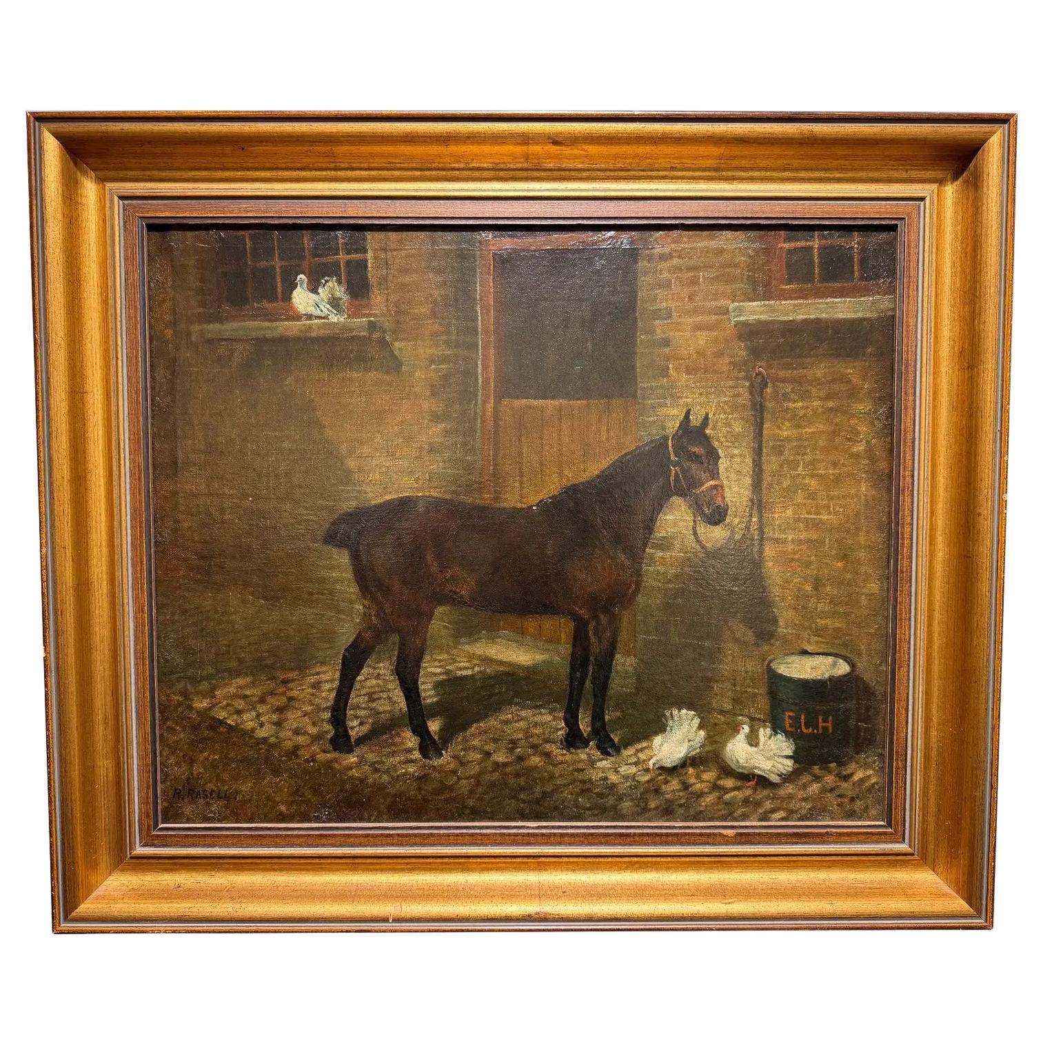 Óleo sobre lienzo inglés del siglo XIX Caballo y establo en venta