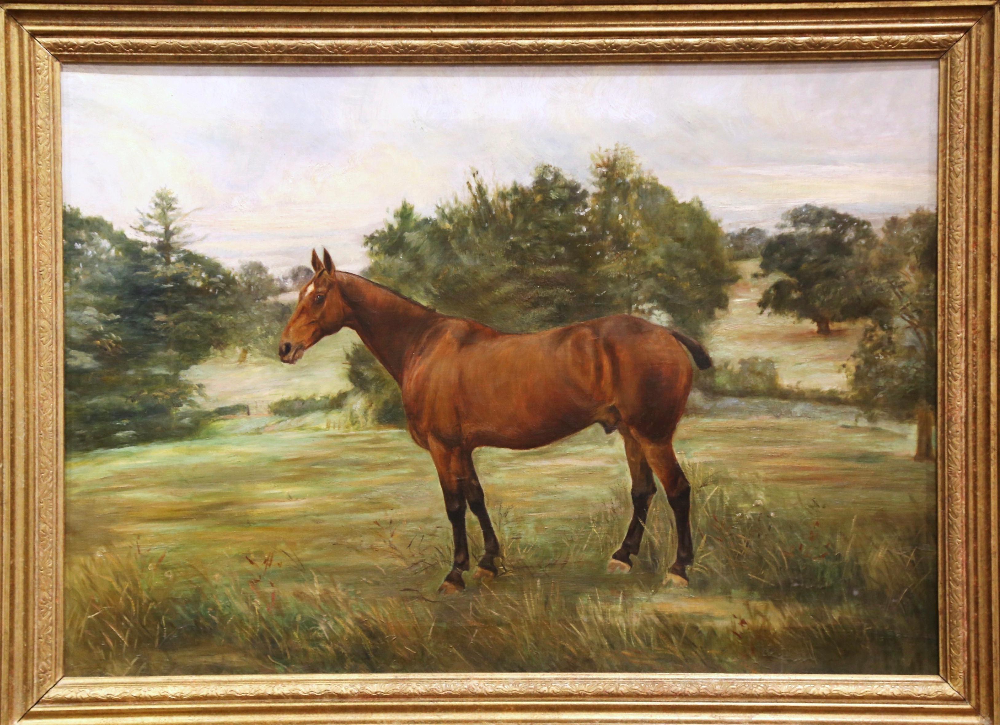 19th Century English Oil on Canvas Horse Painting in Carved Gilt Frame In Excellent Condition In Dallas, TX