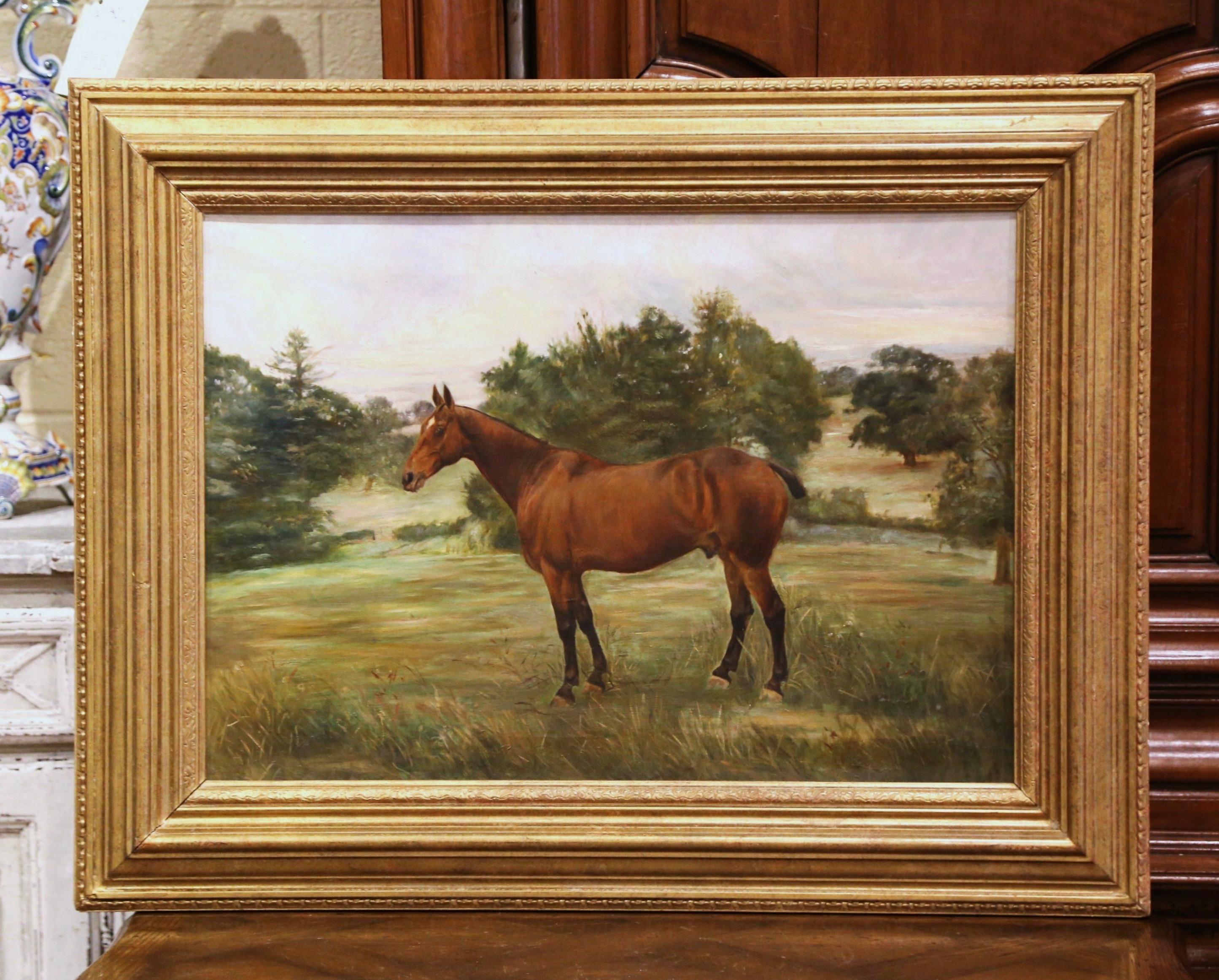 19th Century English Oil on Canvas Horse Painting in Carved Gilt Frame 1