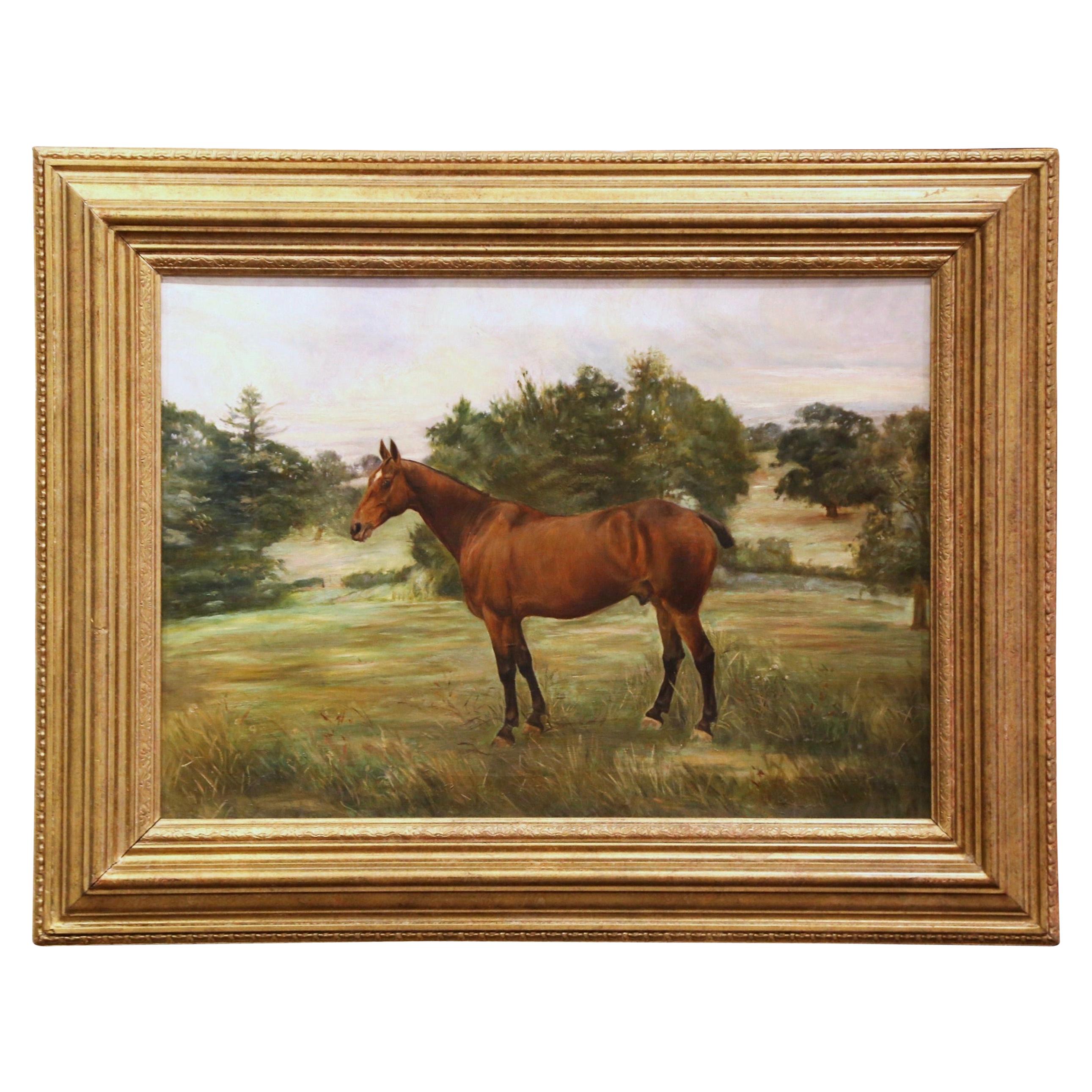 19th Century English Oil on Canvas Horse Painting in Carved Gilt Frame