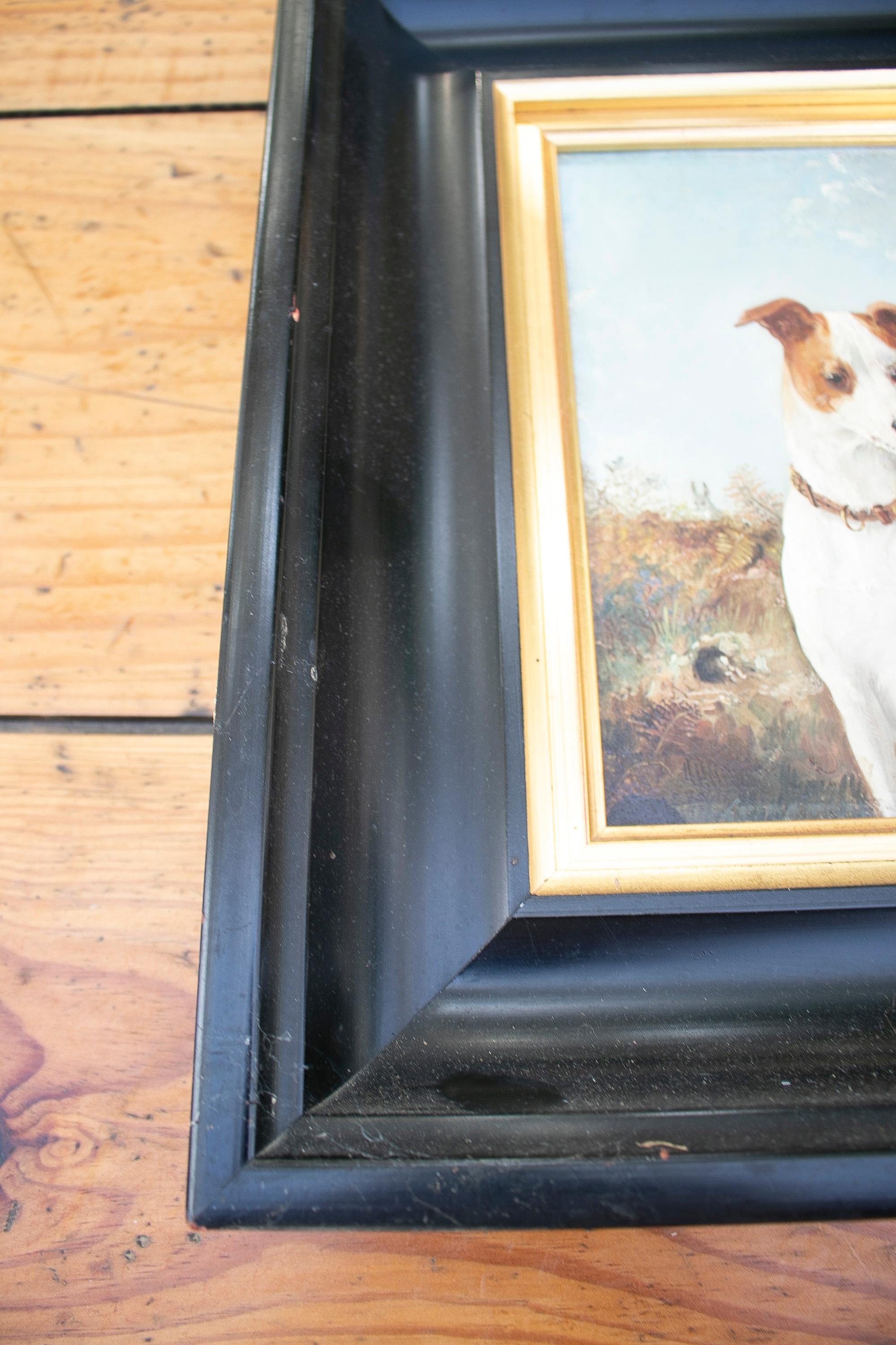 Peinture à l'huile sur toile anglaise du 19ème siècle représentant un portrait de chien de chasse avec cadre en vente 4