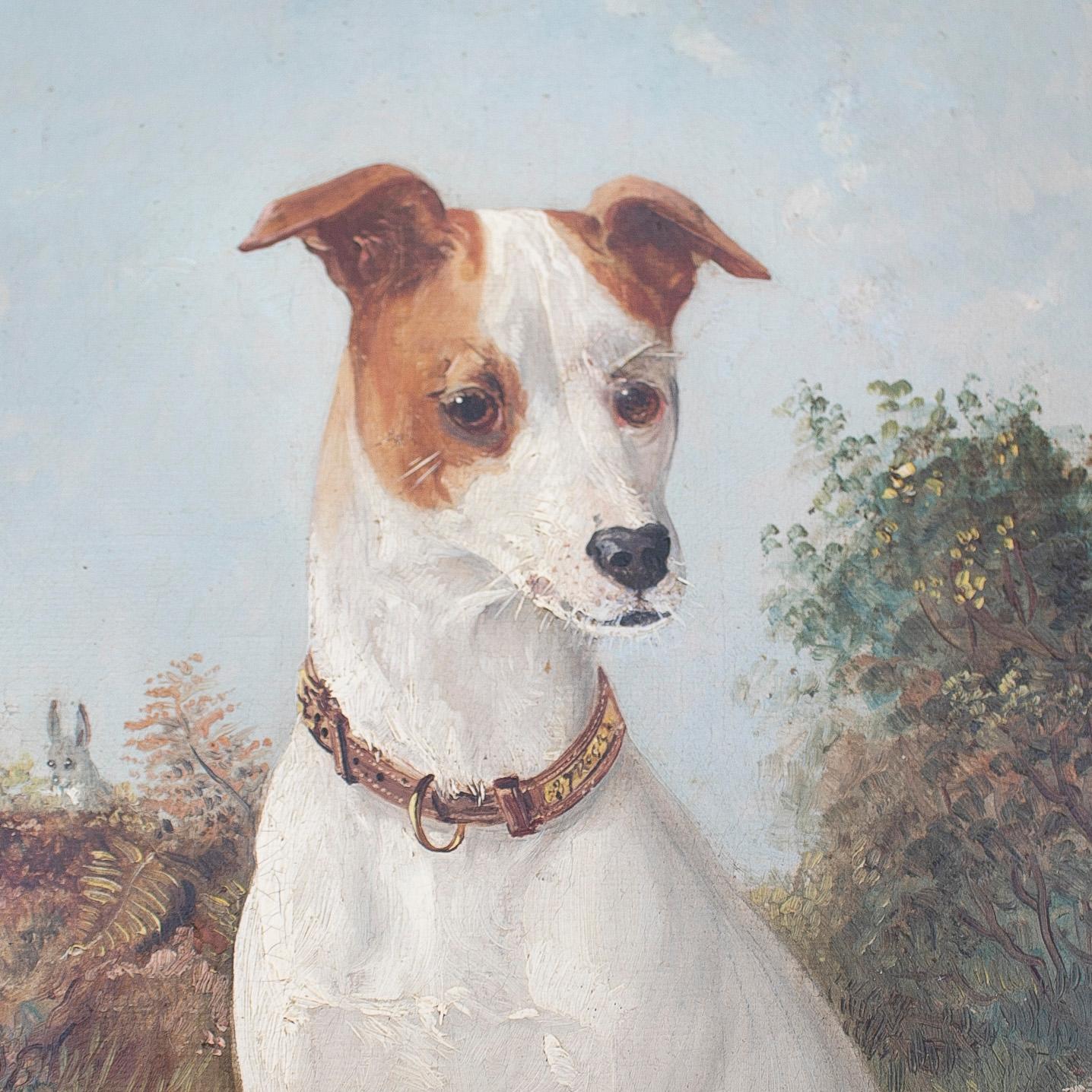 Peinture à l'huile sur toile anglaise du 19ème siècle représentant un portrait de chien de chasse avec cadre en vente 7