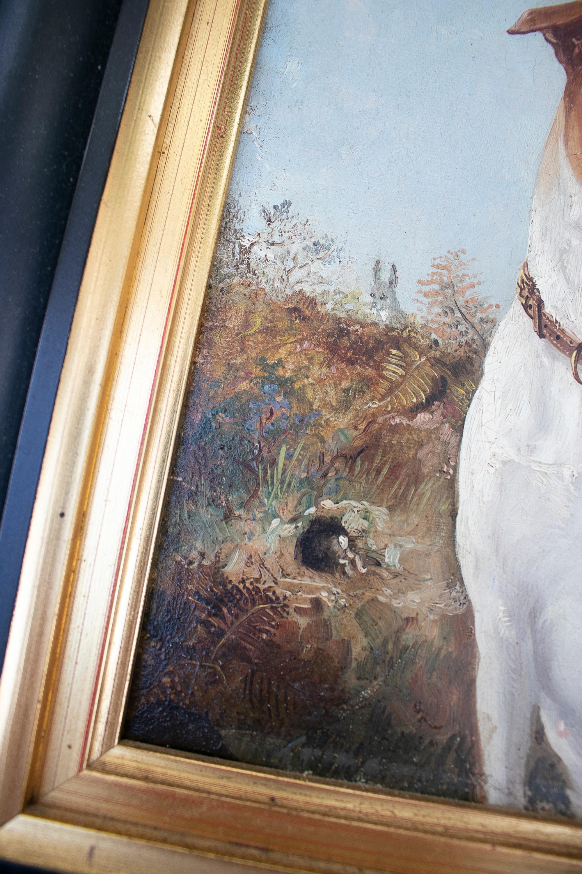 XIXe siècle Peinture à l'huile sur toile anglaise du 19ème siècle représentant un portrait de chien de chasse avec cadre en vente