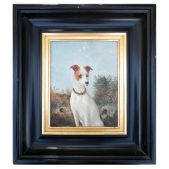 Cuadro retrato de perro de caza al óleo sobre lienzo inglés del siglo XIX c/marco