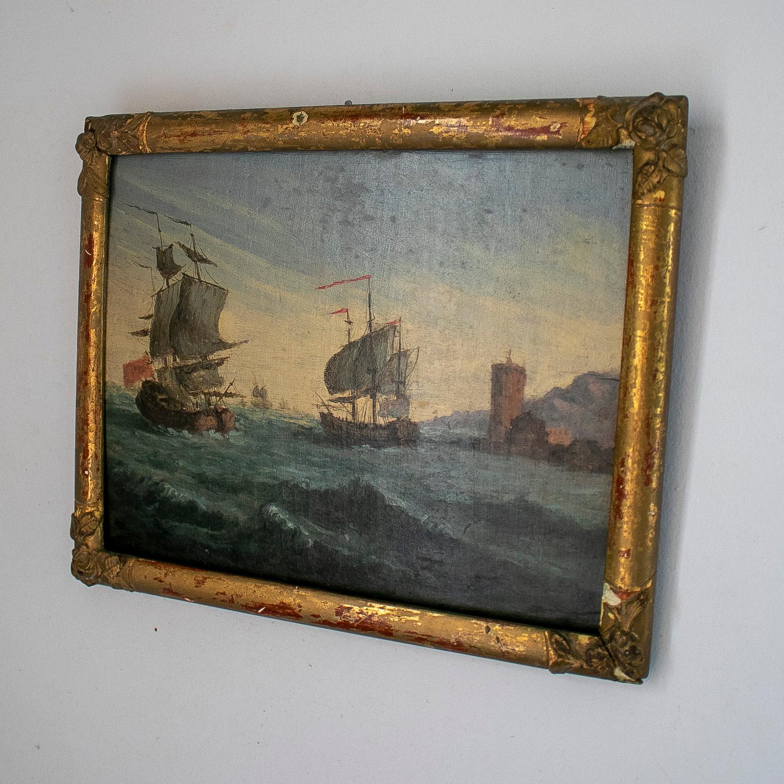 Antique 19th century English oil on canvas marina painting with giltwood frame

Frame measurements: 29 x 24 x 1,5cm.