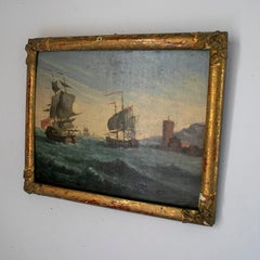 19th Century English Oil on Canvas Marina Painting w/ Giltwood Frame
