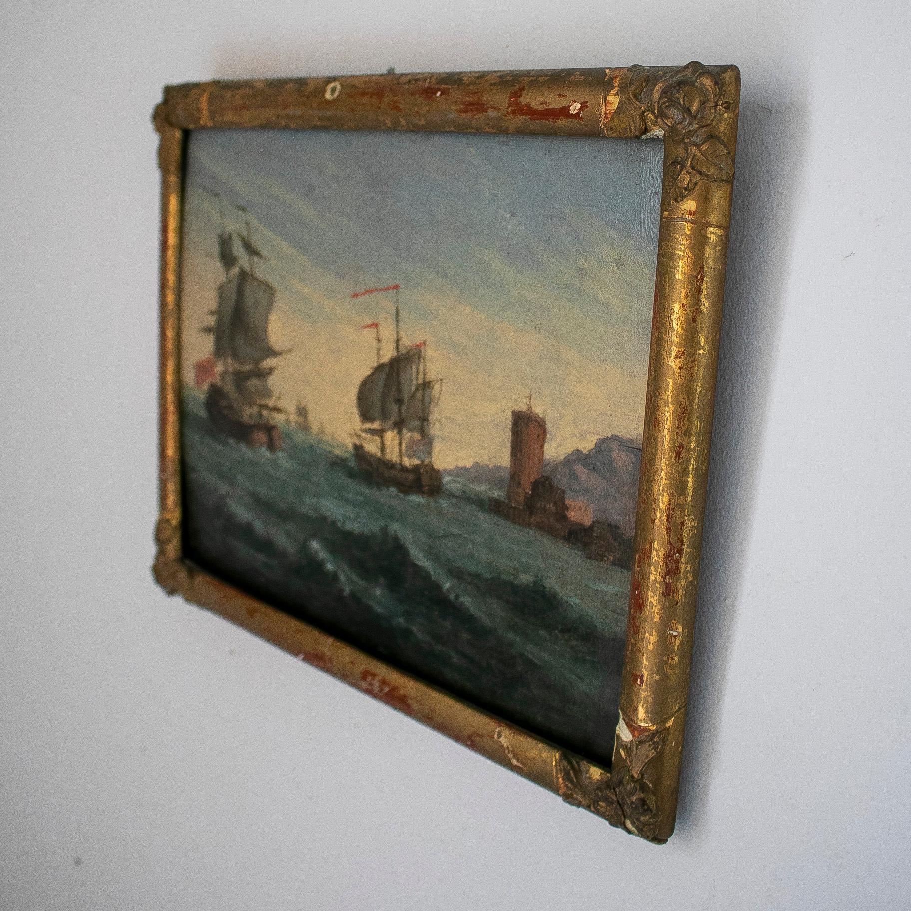 Hand-Painted 19th Century English Oil on Canvas Marina Painting w/ Giltwood Frame For Sale