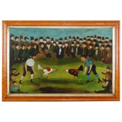 19th Century English Oil on Canvas of a Cockfight in the Countryside