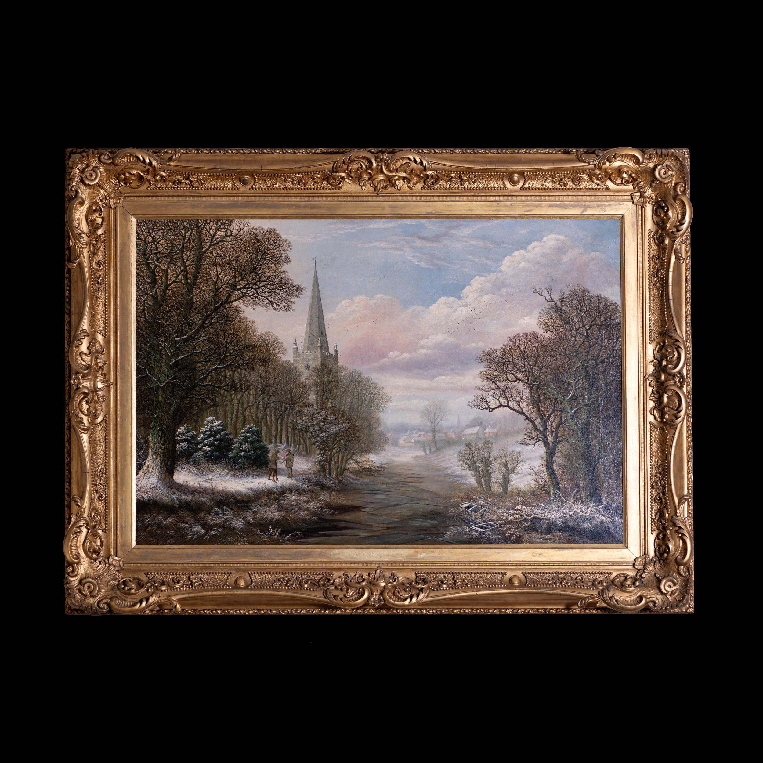 Très impressionnante peinture à l'huile sur toile du XIXe siècle d'un paysage anglais en hiver, représentant une rivière gelée au centre et deux hommes chassant sur le côté de la rivière, une église est visible à gauche de l'arrière-plan. Dans un