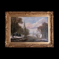 19th Century English Oil On Canvas Of A Winter Scene In An Elaborate Gilt Frame